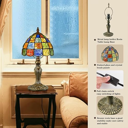 Miniatura 2 de Pequeña lámpara Tiffany de mesa de vidrieras, estilo cuadrado de cristal, pantalla de lámpara de 8 pulgadas de ancho, luz nocturna estilo Tiffany,