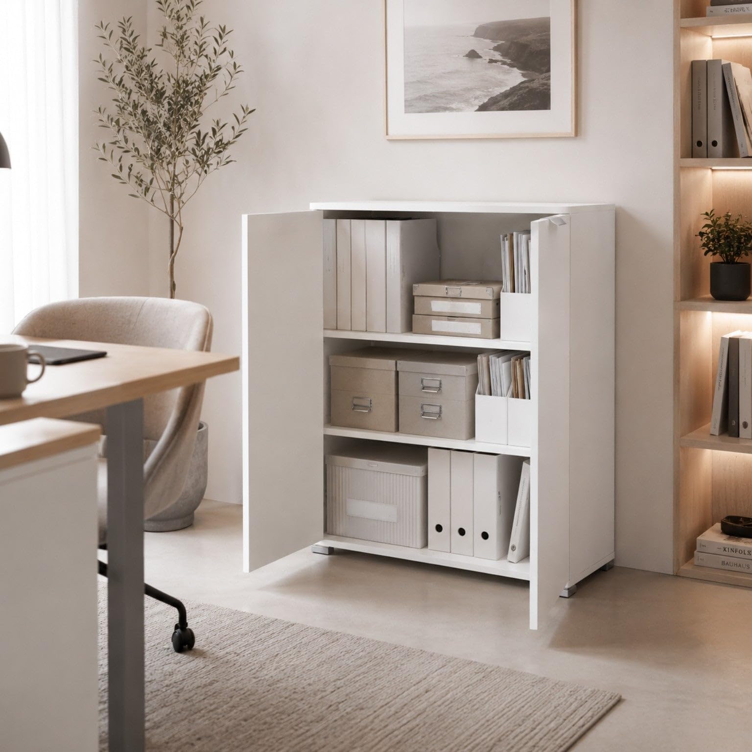 The White Stone Mobile Base 2 Ante Bianco Già Montato | Armadietto Salvaspazio 75x85x38 cm | Mobile Bagno e Lavanderia con Ripiani Regolabili e Struttura in Legno Nobilitato