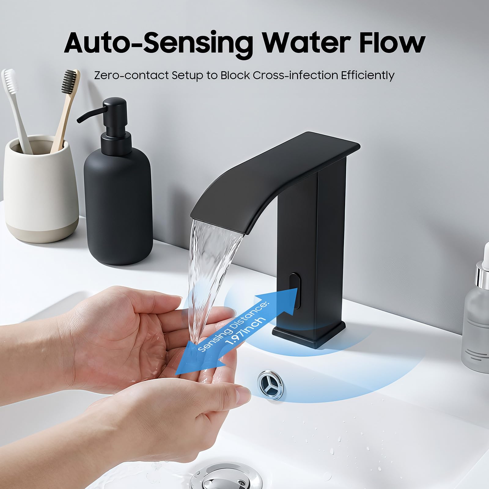 Miscelatore per lavandino da bagno con cascata acqua calda/fredda, rubinetto con sensore a infrarossi e regolazione della temperatura per lavandini da bagno e cucina (nero)