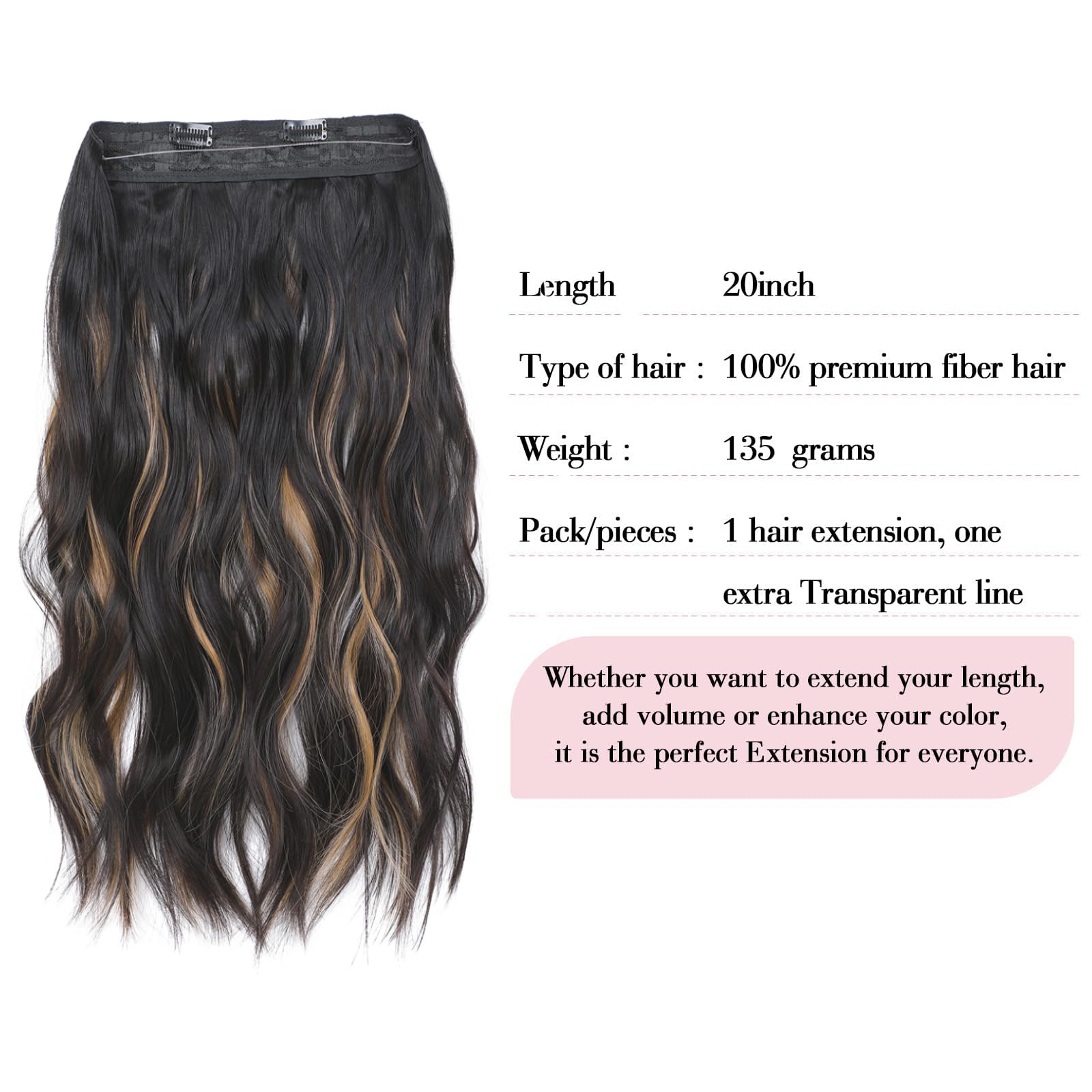 Invisible Wire Hair Extensions One Piece Wavy hair Extension Synthetic HairPieces for Women 20 Inch Chocolate Brown with Highlights hairExtensions - Image 2