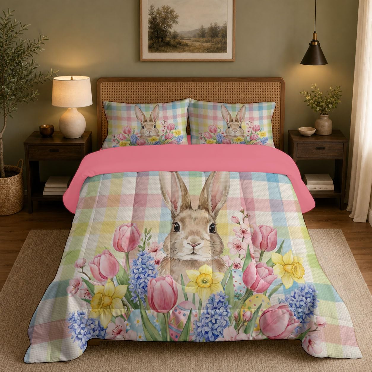 Piumino Letto Singolo Scozzese Floreale Country 140X200 Cm Per 4 Stagioni, Piumone In Microfibra 200 G/M² Coniglietto Carino Ad Acquerello Invernale, Trapunta Morbida Traspirante, Rosa