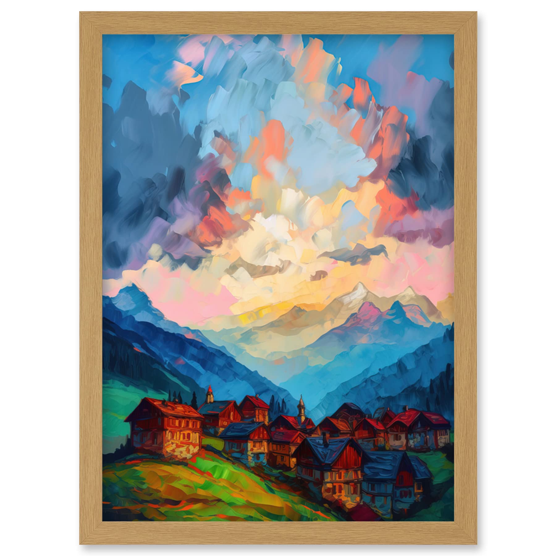 Artery8 Atmospheric Clouds at Dawn Over Small Village Houses in the Alps Modern Watercolour Painting Artwork Framed Wall Art Print A4