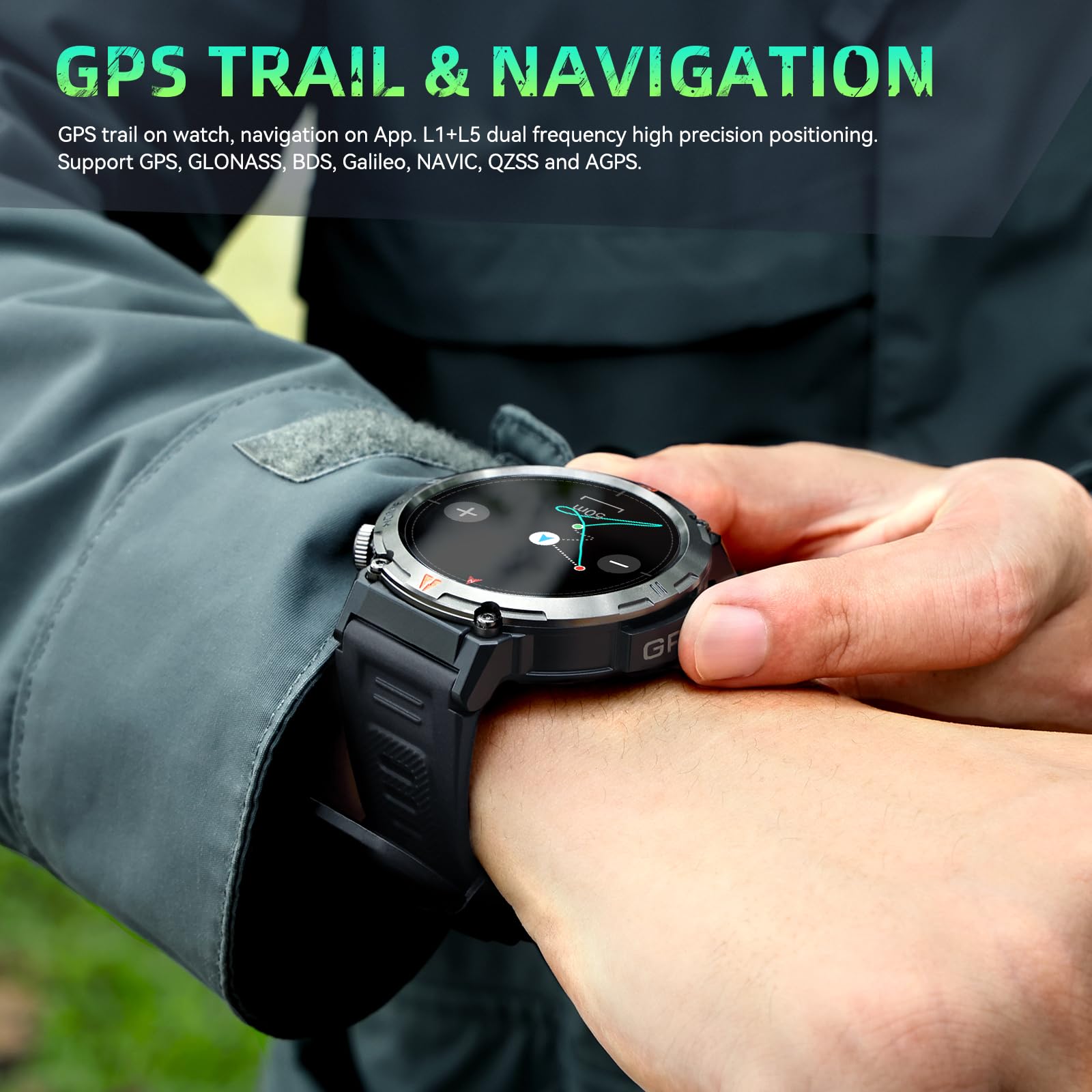 GPS Smartwatch Militare Uomo Impermeabile 3ATM con Torcia LED Bussola, 1,45" HD Rugged Smartwatch Orologio con Chiamate Bluetooth, Fitness Watch con Cardiaca SpO2 Notifiche WhatsApp per Android iOS