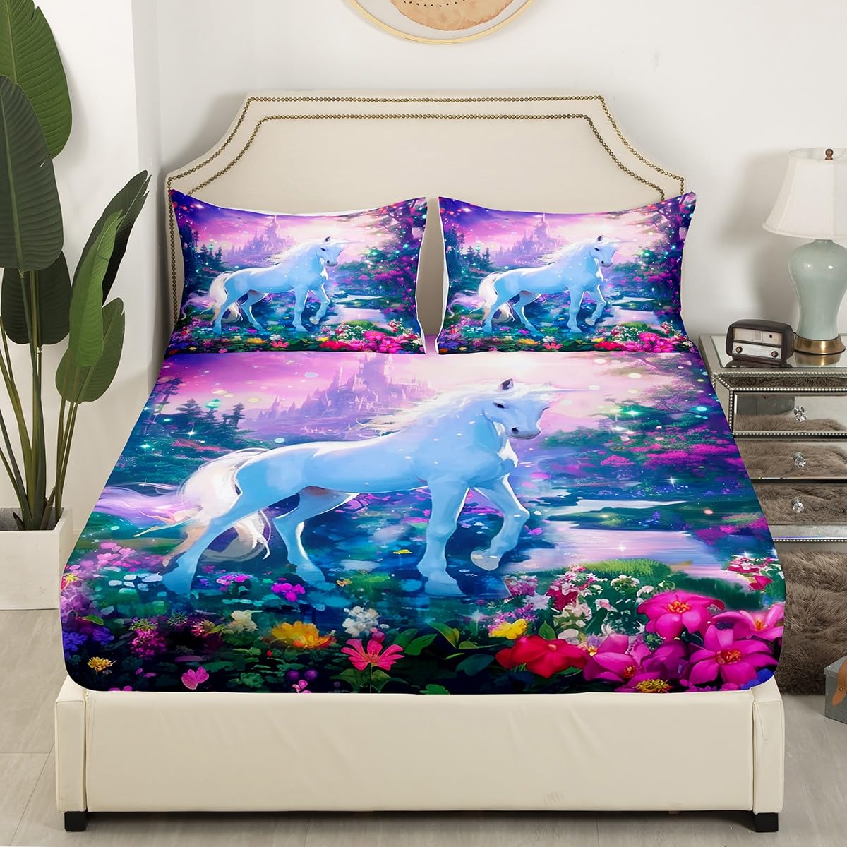 Unicorn Bedding Set Single Size White Horse Bed Set for Girls Teens Bedroom Decor Kids Dream Castle Fitted Sheet Soft Microfiber Colorful Flowers Bed Cover(1 Fitted Sheet+1 Pillow Case)
