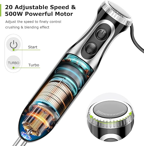 Bonsenkitchen Immersion Blender Handheld with Food Processor, 20 Speeds Hand Blender with Turbo Mode, Stainless Steel Blade, Egg Whisk, Beaker & Chopper Bowl, Hand Mixer for Smoothie, Soup, Baby Food