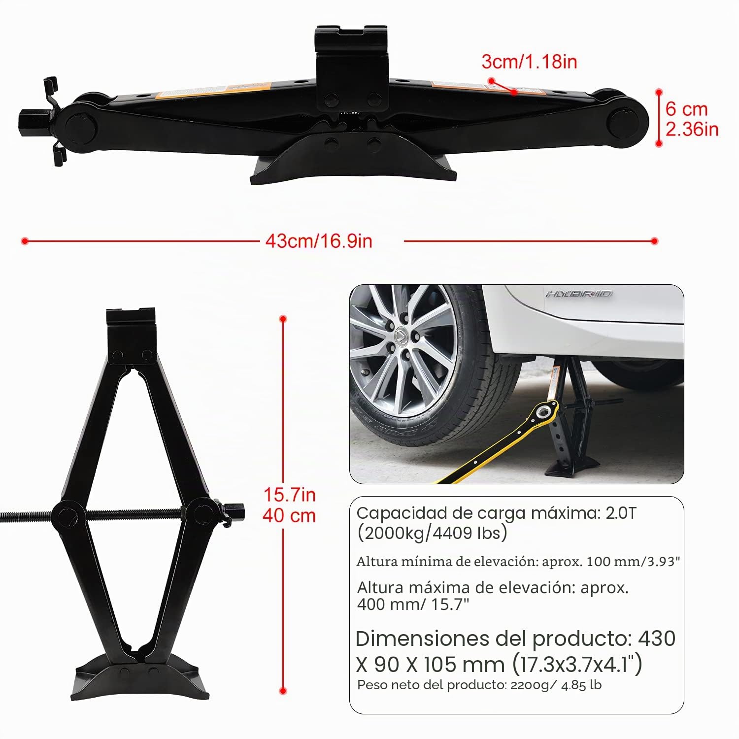 EXLECO Gato de Tijera Hidráulico 2T, Elevador de Coche Familiar con Cabezal 360° y Llave de Carraca para SUV MPV