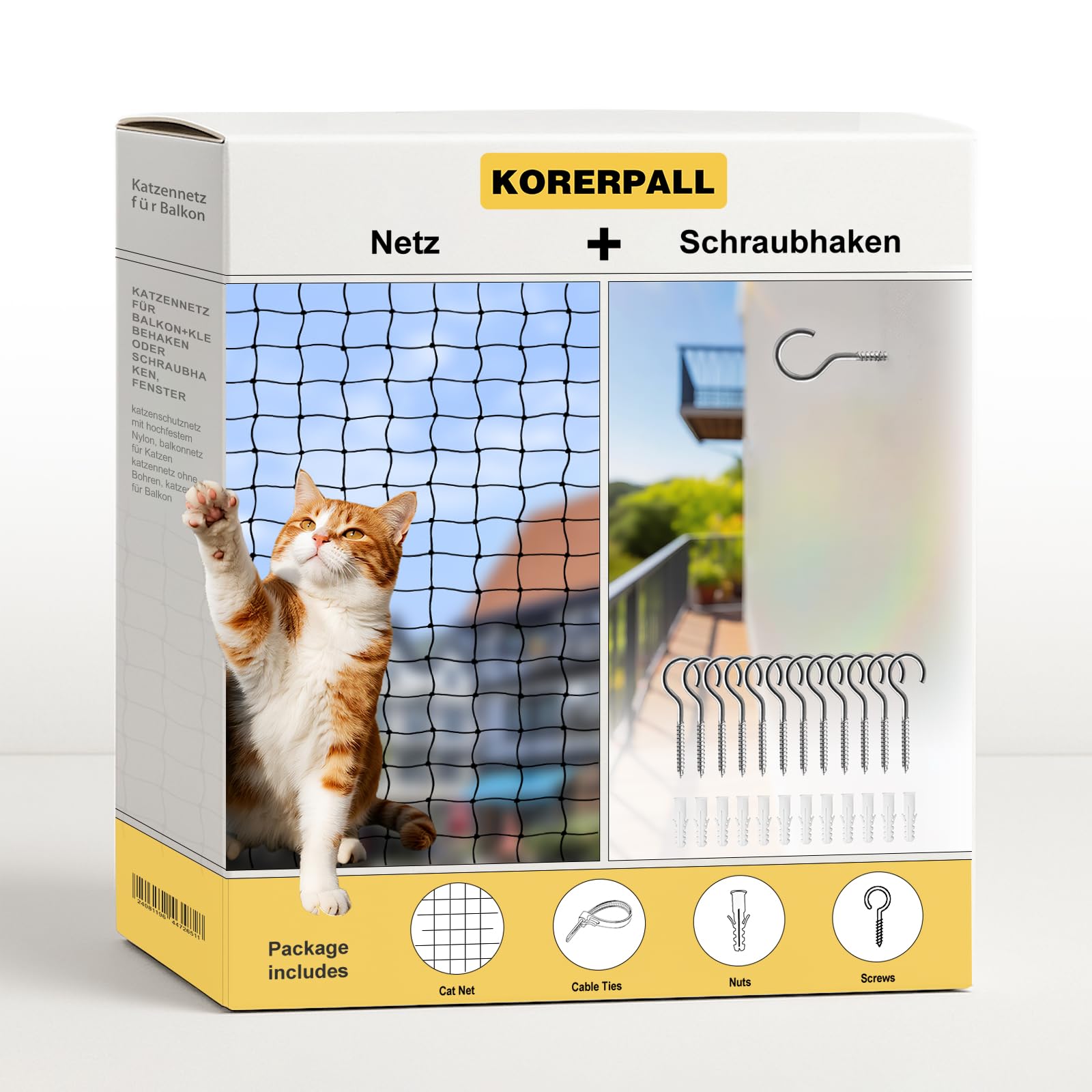 KORERPALL Cat Netting Balcony (with Adhesive Wall Hook), cat net 8X 3 M, Lightweight & Durable, Ideal for Catio protection and cat balcony netting cat patio netting (Netting+Wall screw,8x3m)