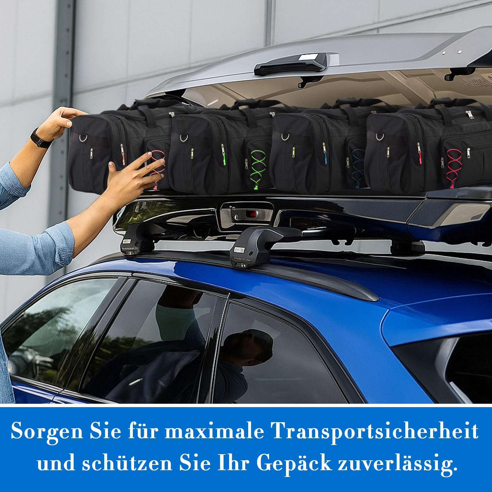 Weewooday Set di 4 Borse per Box da Tetto 65 cm 68L Duffel Portapacchi con 4 Cerniere Indicatori di Identificazione Borsa da Viaggio Nera con Scomparto per Scarpe per Box da Tetto Auto(Classico)