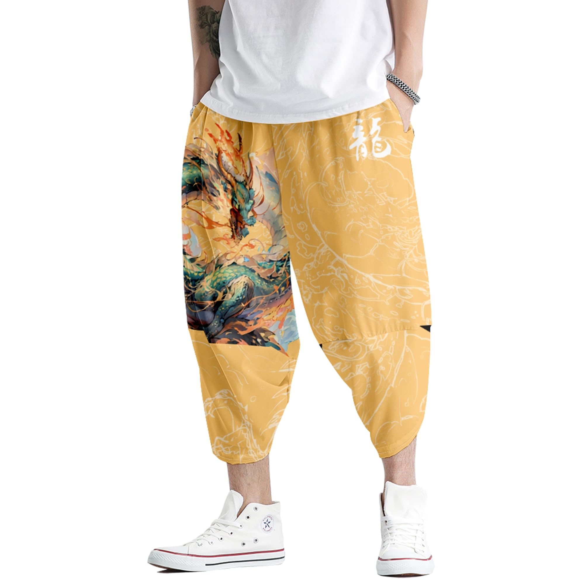 DOSLAVIDA Ensemble de veste kimono japonaise pour hommes, veste élégante ouverte sur le devant avec short, cardigan imprimé de style chinois