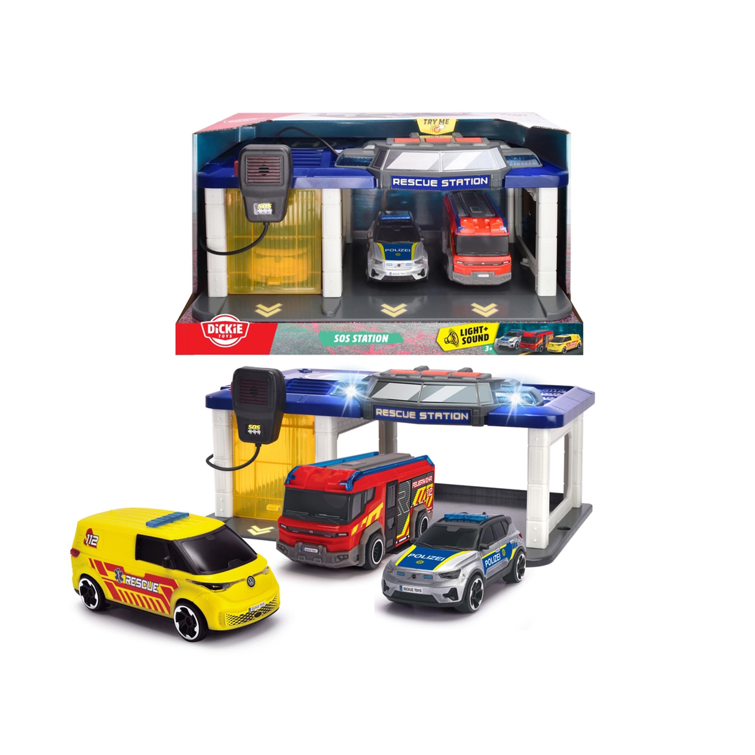 Dickie Toys - S.O.S Station para niños a Partir de 3 años (31 x 22 cm) con 3 Coches de Juguete (Coche de policía, Ambulancia, camión de Bomberos), estación de Bomberos y policía con luz y Sonido