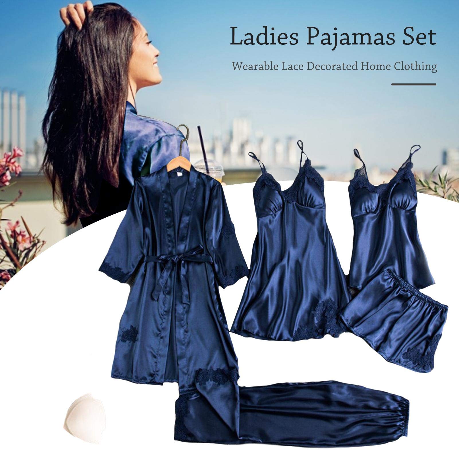 Satijnen pyjama 4-delige pyjama dames effen katoen slaapshirt sexy nachthemd zijde satijn vintage pyjama jurk uniform ondergoed nachthemd comfortabel vrije tijd slaapkleding, roze, 5XL
