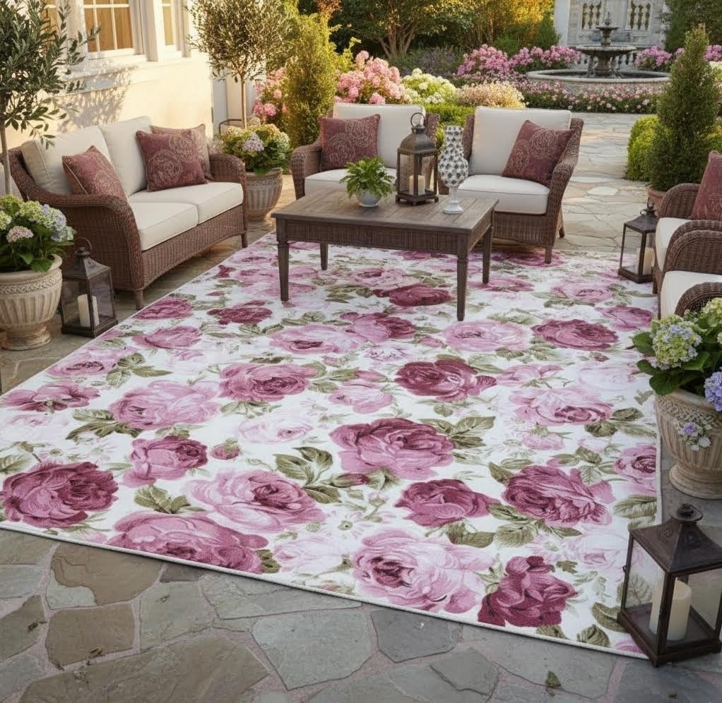 Amazon.com: Rose Pink Green Flowers Print Indoor Outdoor Area Rug