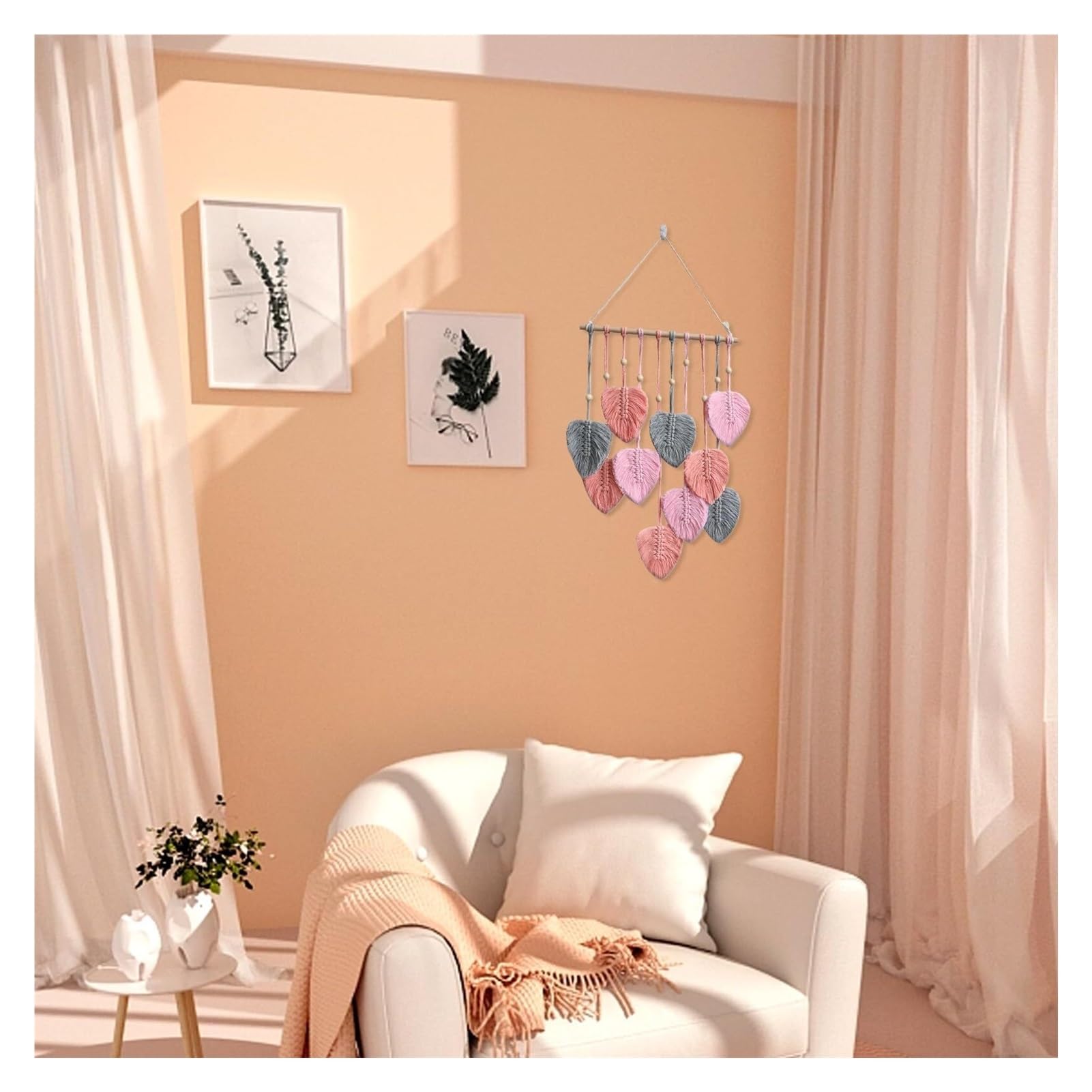 Tapiz de pared tejido, Tapiz de pared de macramé con borlas de hojas verdes, hecho a mano, tejido de algodón, hojas de macramé, decoración de pared con hojas(Pink)