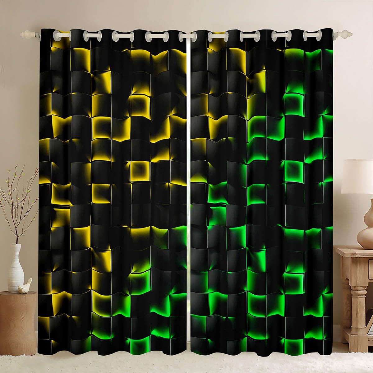 Homewish Geometric Checkered Blackout Curtains Neon Yellow Green Window Curtains for Kids Boys Gamer Room Decor, Abstract Ombre Plaid Grids Window Treatments Drapes Black 2 Panels 52 x 90 Inch