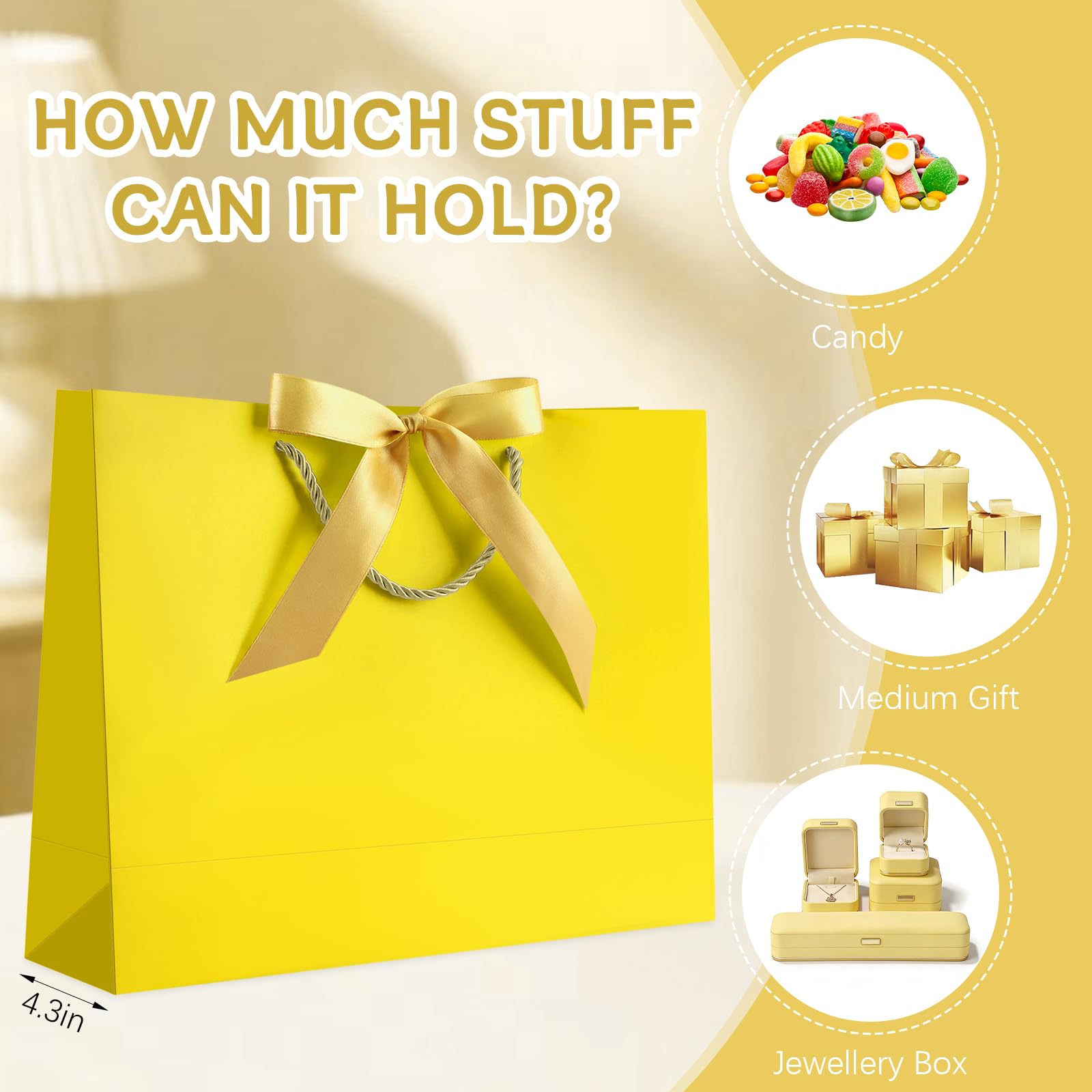 JMANNI Gift Bags with Handles, 13” Medium Gift Bag for Presents, 1 Pcs Bags with 2 Tissue Paper and 1 Cards for Baby Shower Wedding Bridal Shower Mother's Day Birthday Party (Yellow