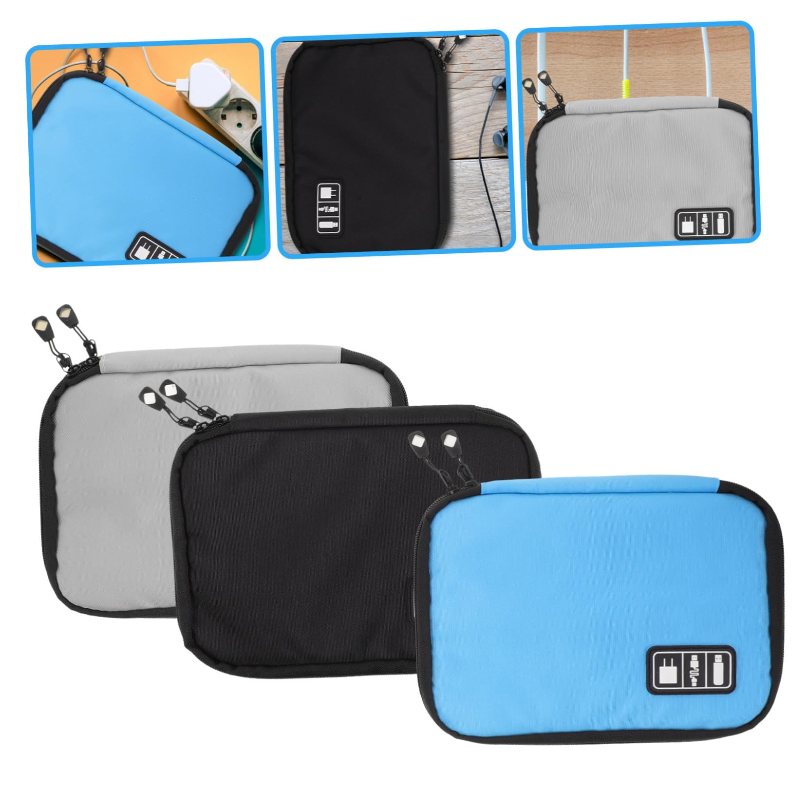 3pezzi Organizer per Cavi Dati Portatile Borsa Organizer Elettronica Tasche Rete e Doppia Apertura Cerniera per Contenere Caricabatterie Auricolari Chiavette USB e Altri Accessori