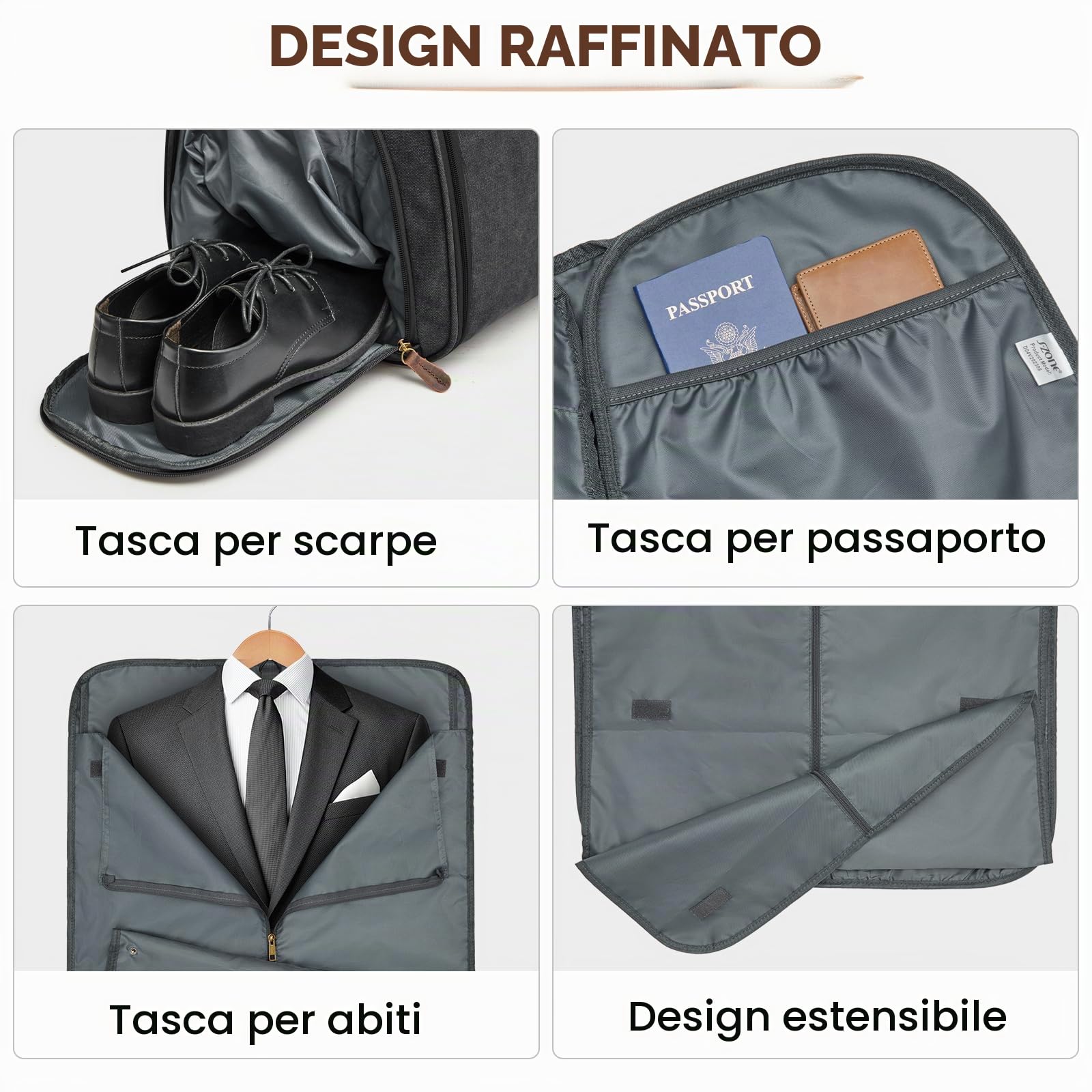 S-ZONE Unisex 3 in 1 Borsa Porta Abiti Convertibile in Tela con Borsa da Toilette (Nero)