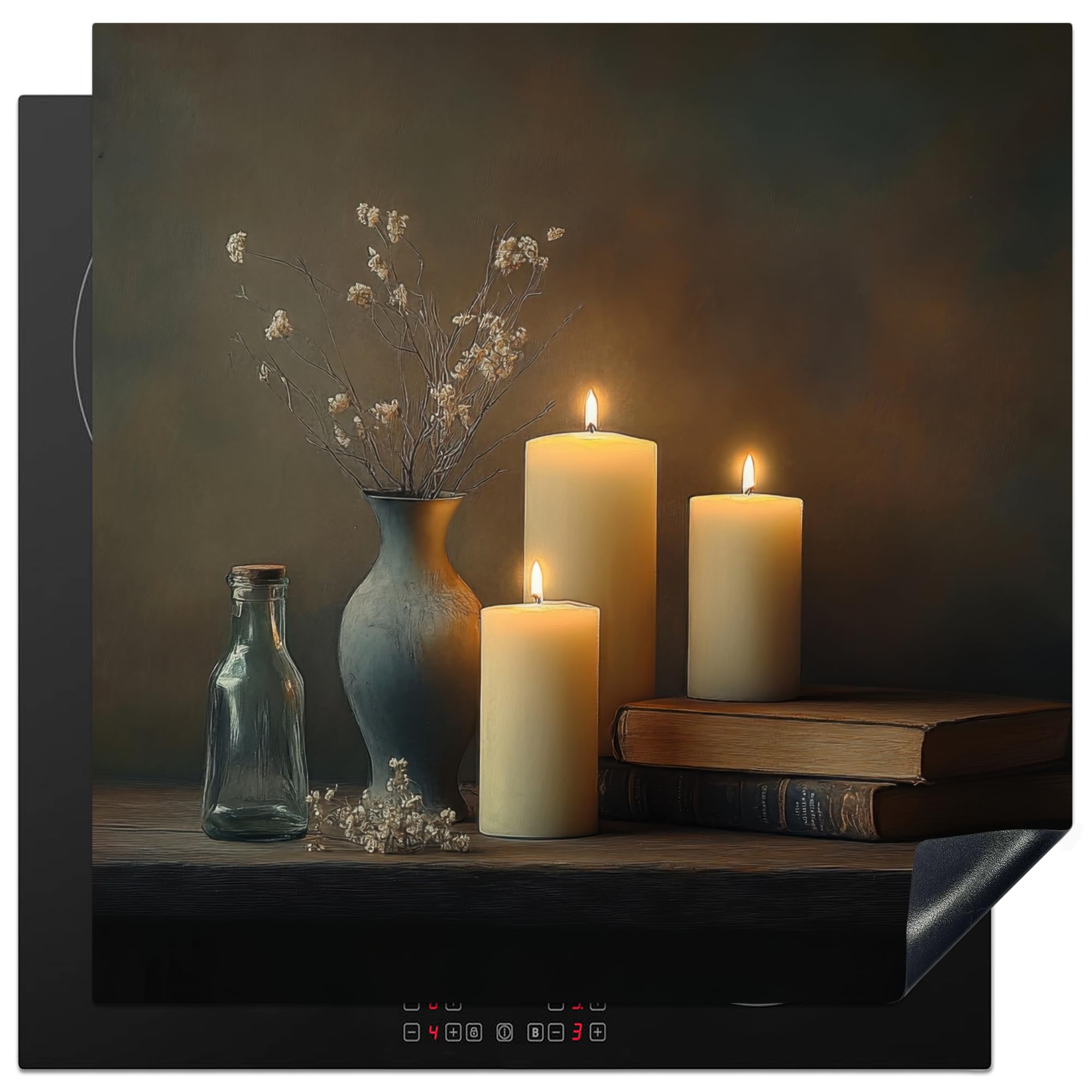 KitchenYeah© Induction Hob Protector Mat 30.7"x30.7" / 78x78 cm Stove Cap Top Cover Kitchen Cooker Covers for Electric Hobs Vinyl Candles - Still Life - Rustic - Books