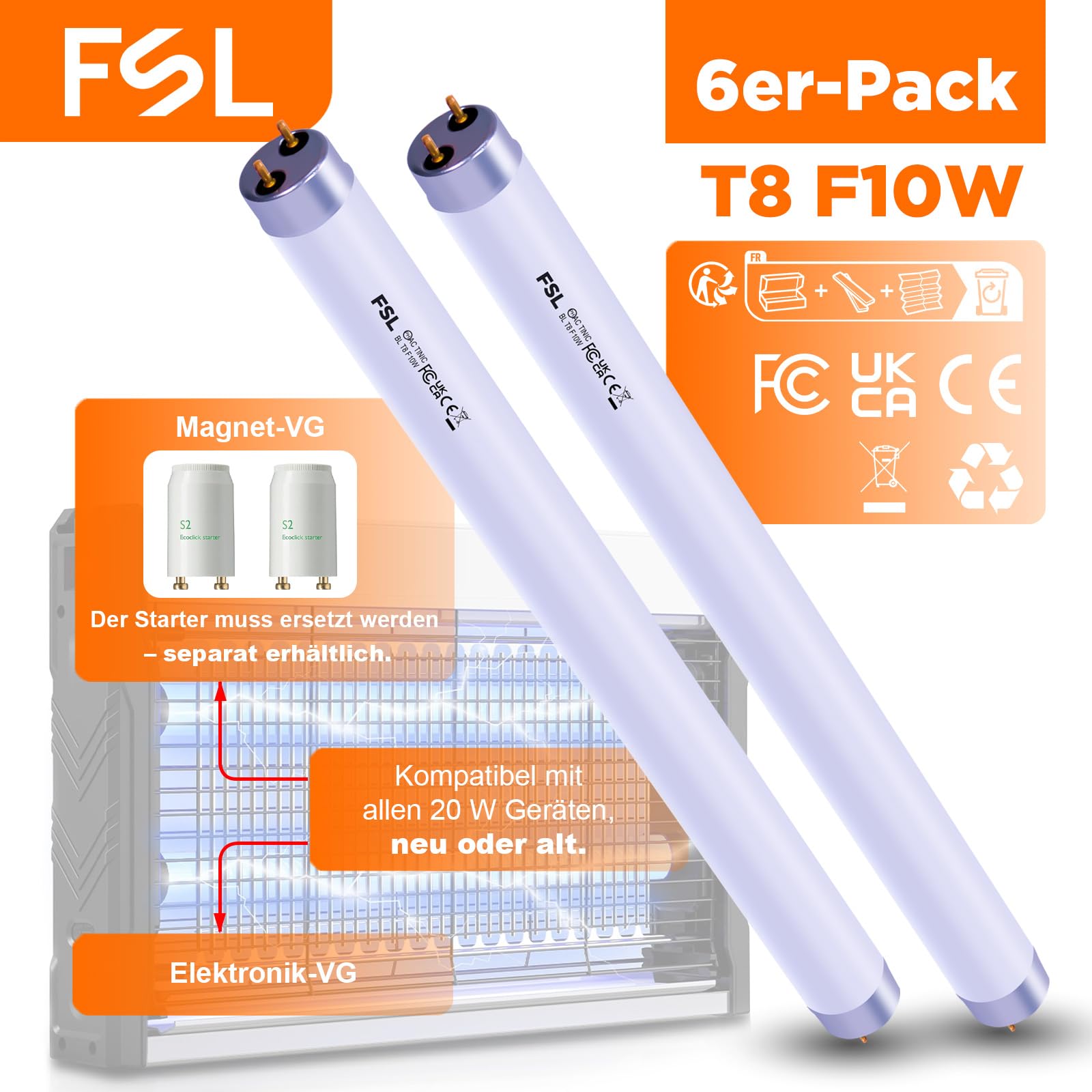 FSL BL T8 10W Ersatzlampen 20W Fliegenfalle, 13" 365nm UV 6er-Pack | Schmalband-Spektrum 365nm-Breite Kompatibilität-Geringe Lichtabnahme