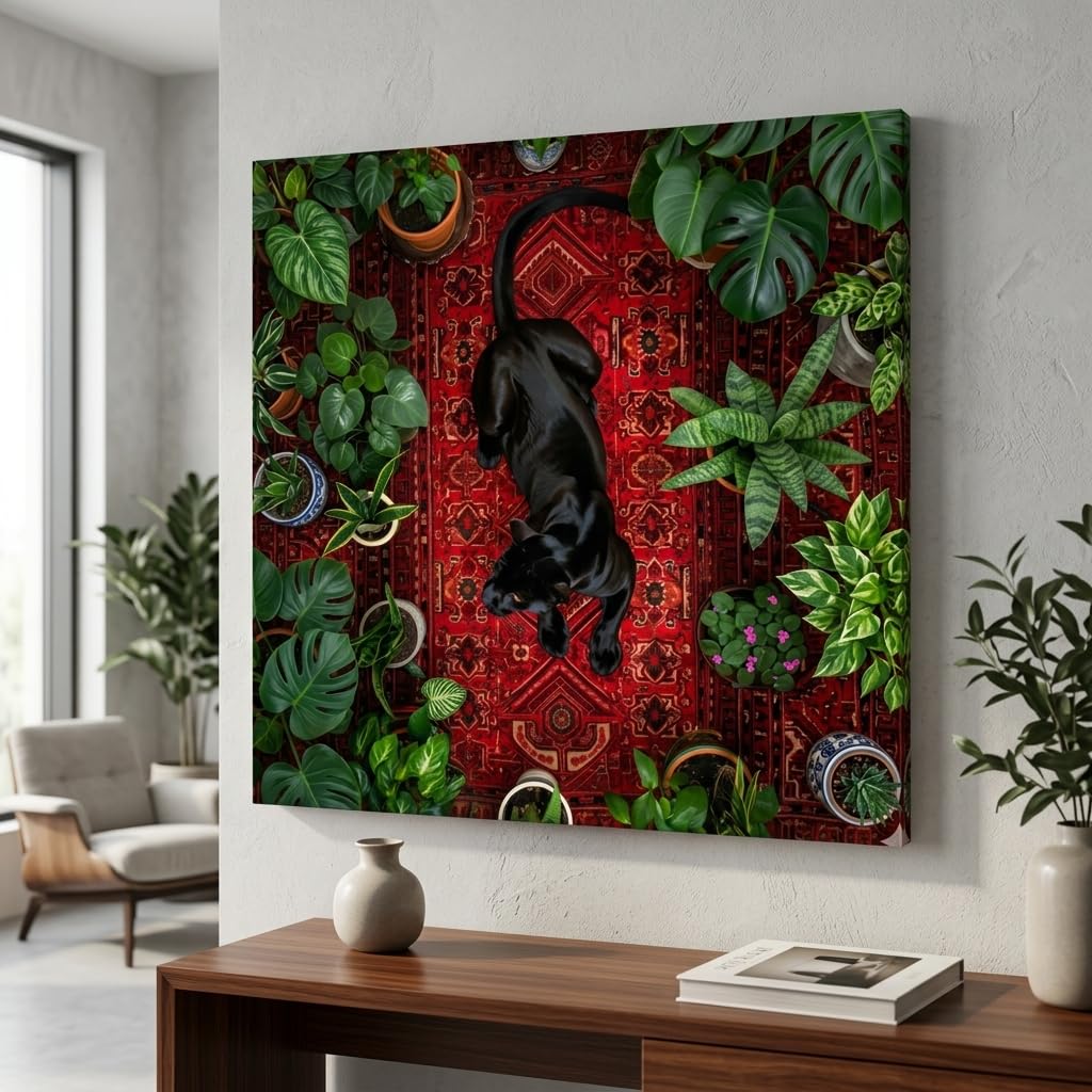 SAF Black Panther Canvas Painting Wall Art | Jungle Plants Red Carpet Background Wildlife Artwork for Living Room Bedroom Office Decor | Premium HD Print Modern Wall Decoration Gift (30 x 30 Inch)-image-4