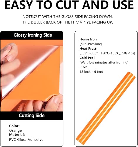 Miniatura 2 de FUNKAKA Rollo de vinilo HTV naranja para planchar sobre vinilo adhesivo de PVC HTV de 12 pulgadas x 9 pies, vinilo de transferencia de calor fácil