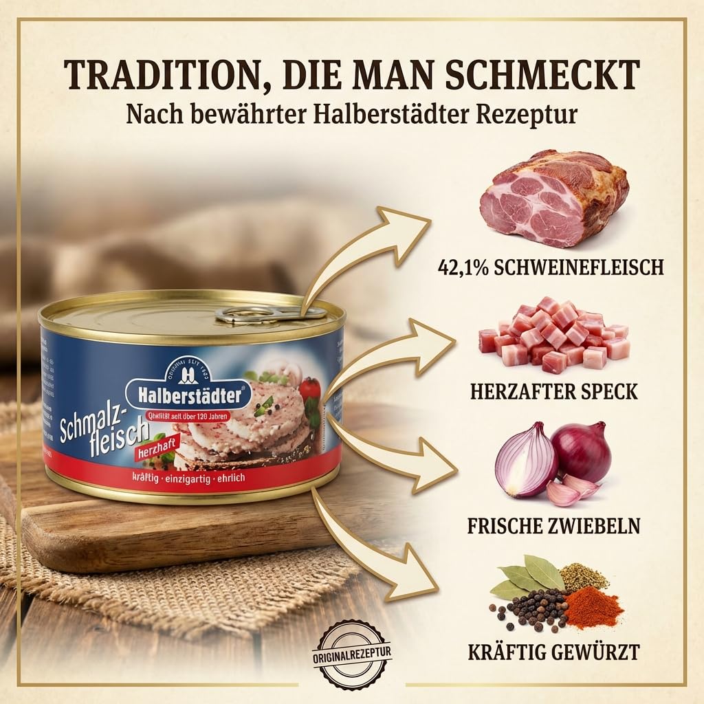 Halberstädter Schmalzfleisch herzhaft 300g – Würzig-zwiebeliger Brotaufstrich aus bestem Schweinefleisch – Traditionelle Fleischkonserve in der praktischen Ringdose