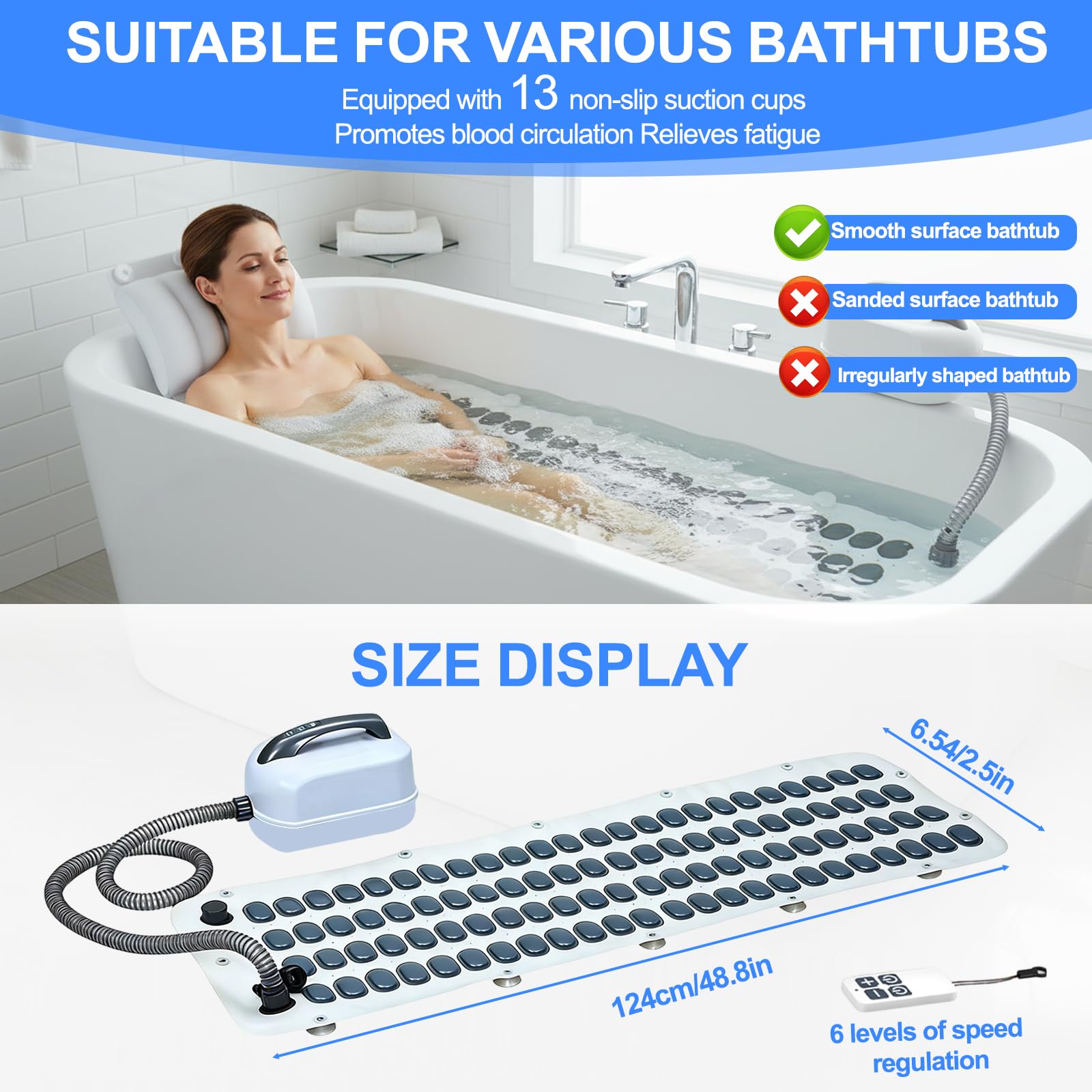 Alfombrilla de baño de masaje con masaje ajustable de 6 velocidades, 114 boquillas, ventosas mejoradas, reducción de ruido, alfombrilla antideslizante de cuerpo completo (48.8 pulgadas)