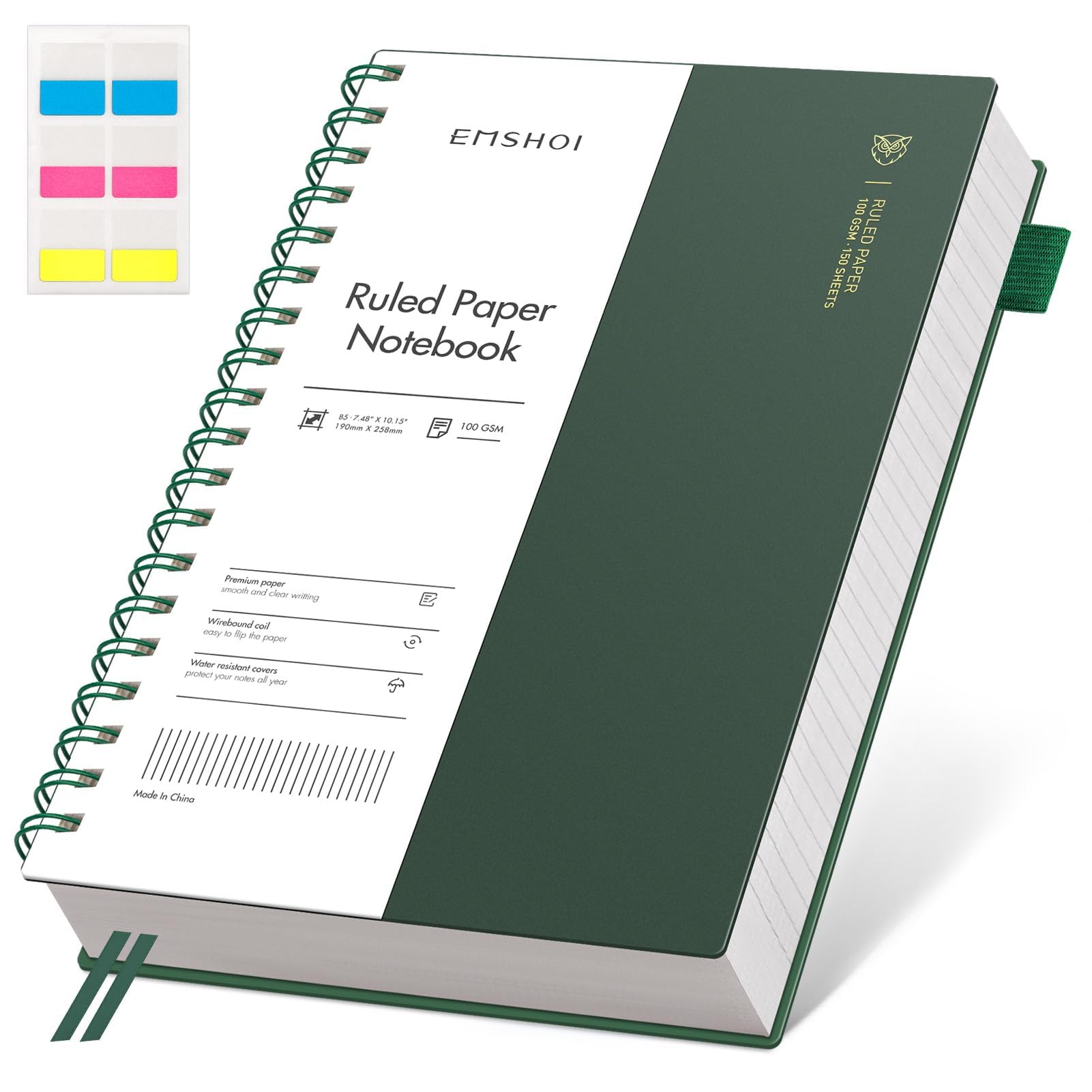 EMSHOILined Spiral Journal Notebook, B5 College Ruled Notebook, 300 Pages/150 Sheets, 100gsm Acid-Free Paper, Waterproof Softcover Notebook for School, Work, Note Taking, 7.48" × 10.15" - Dark Green
