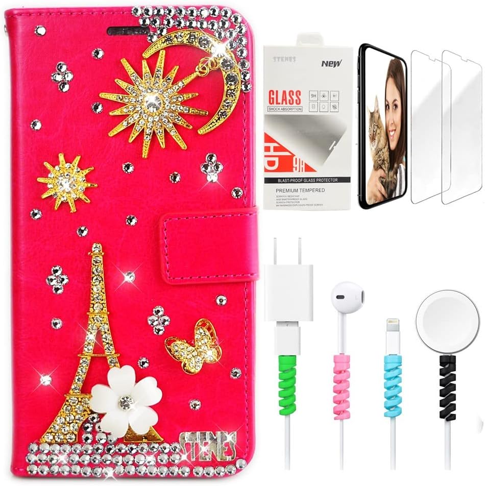 STENES Bling Wallet Phone Case Compatible with Samsung Galaxy Z Fold 4 5G - Stylish - 3D Handmade Sun Stars Night Moon Glitter Wallet Leather Cover with Screen Protector & Cable Protector - Blue