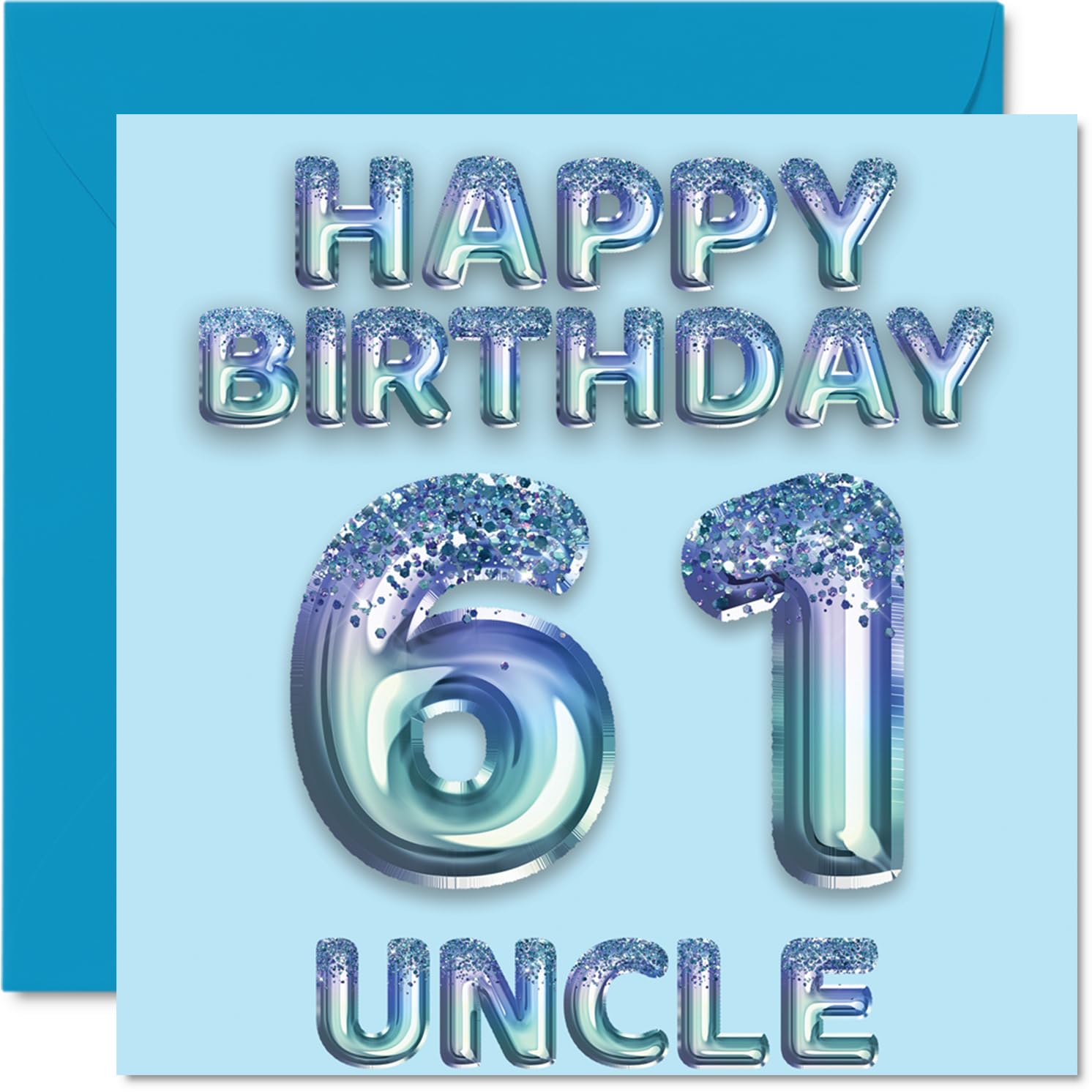 61st Birthday Card for Uncle, Blue Glitter Party Balloons