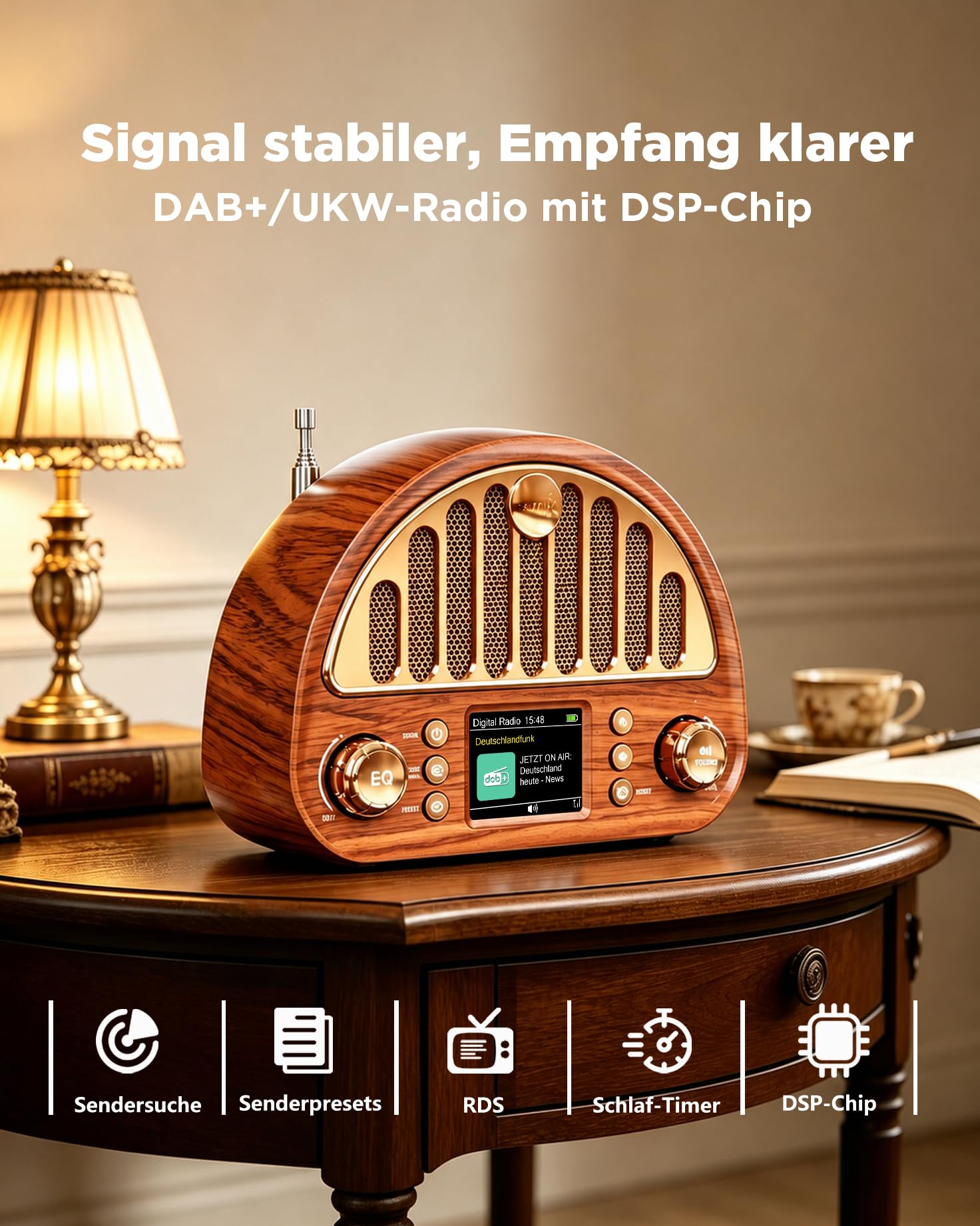 Radio Vintage DAB+/FM Bluetooth Portable, Poste Radio Numérique avec Batterie Rechargeable 3000 mAh, Double Réveil