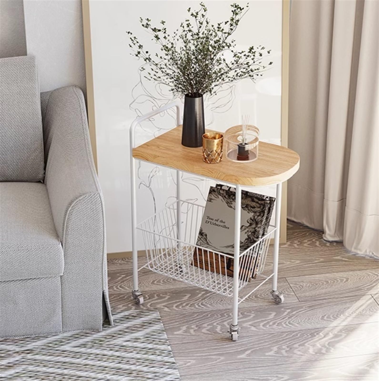 Carrito de cocina rodante de 2 niveles con ruedas, carrito de metal para el hogar y el hotel, diseño versátil blanco y madera, perfecto para suministros de nizing