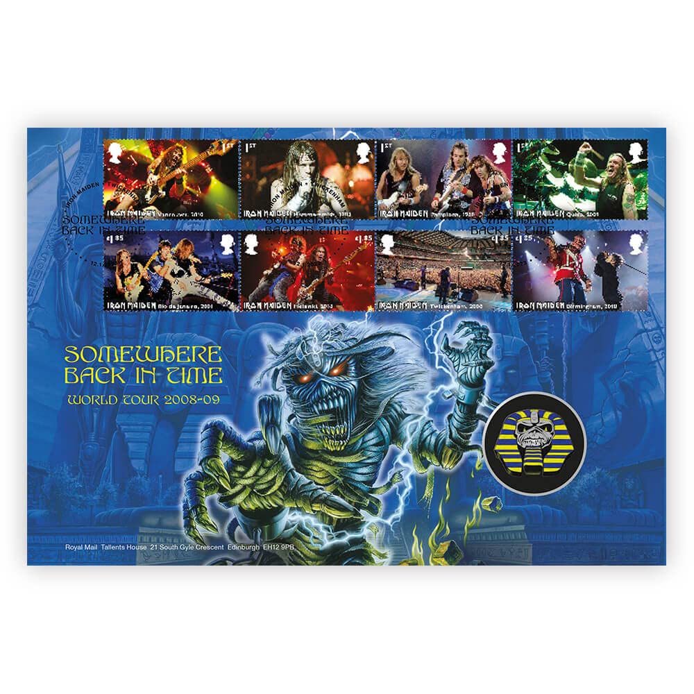 Royal Mail - Sellos oficiales de Iron Maiden y cubierta de medalla "Eddie Pharoah"
