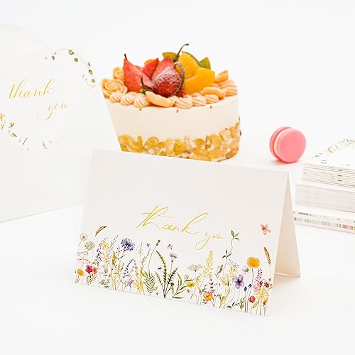 Miniatura 6 de Crisky 4 tarjetas de agradecimiento de lámina dorada surtidas, flores silvestres de acuarela (50 tarjetas con sobres para cumpleaños, baby shower,