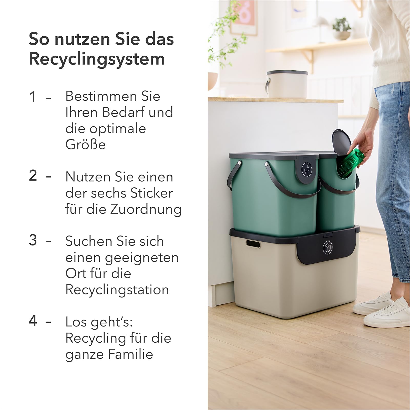 Rotho Albula Mülleimer Küche Mülleimer 3 Fächer 3 x 55 L Set Anthrazit | Papierkorb, Abfalleimer Küche, Mülleimer mit Deckel, Rotho Mülleimer 3er-Set, Tragegriffe, frontal zu öffnen, 6 Aufkleber