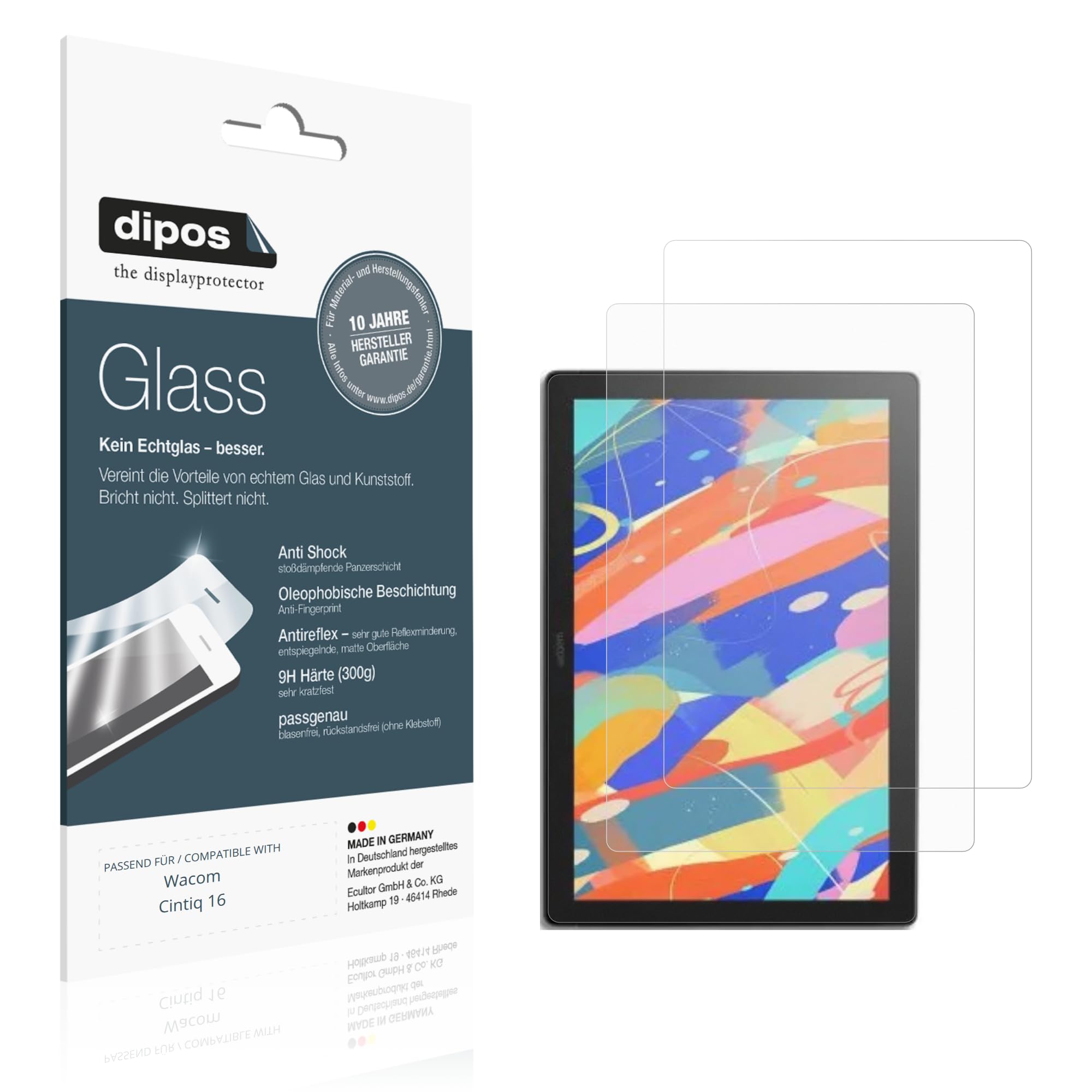 dipos 2x Pellicola Protettiva 9H opaca per Wacom Cintiq 16 | Antiriflesso, non si rompe e non si scheggia, non è vero vetro, Anti-Shock, antigraffio, senza bolle, autoadesiva