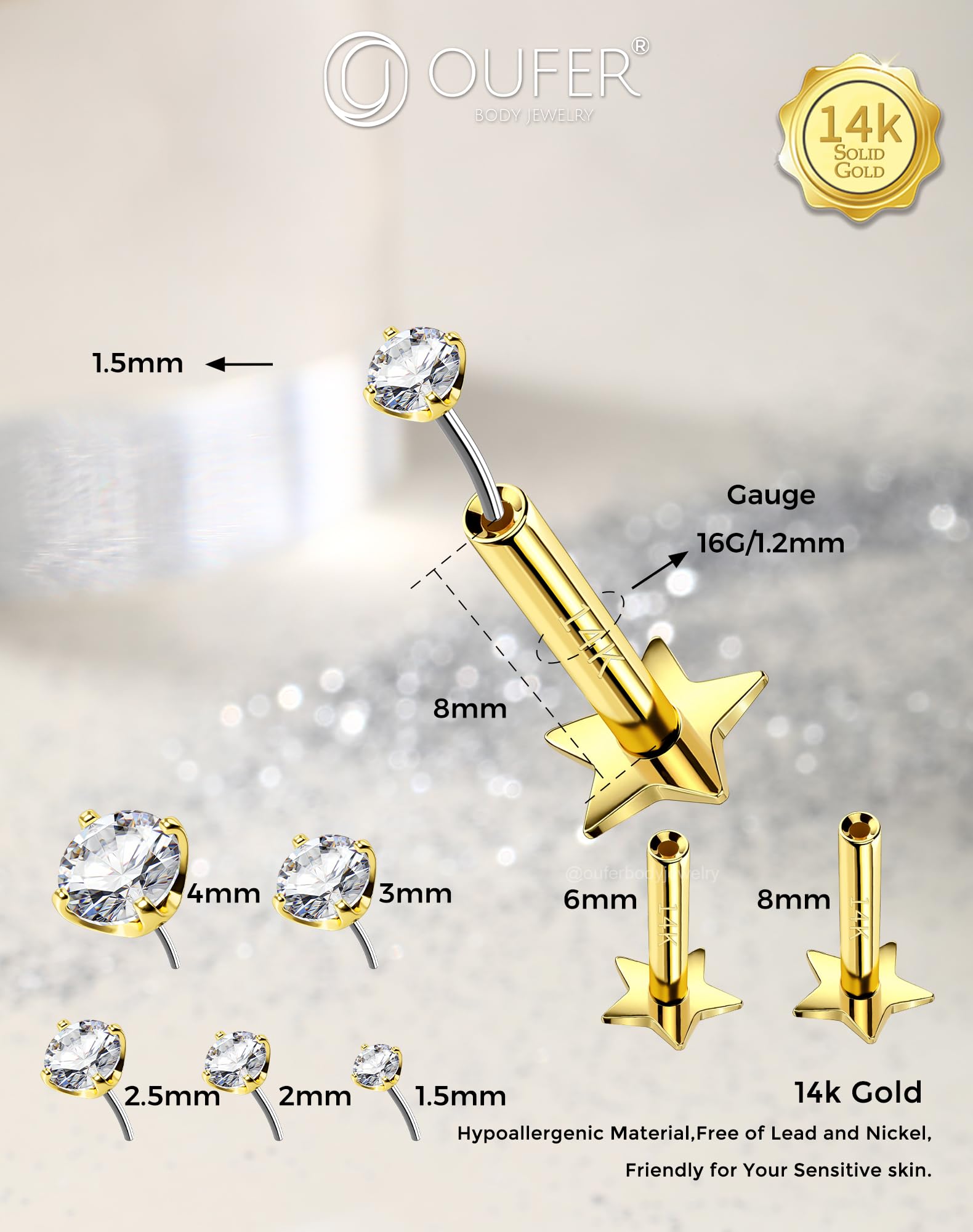 OUFER Body Piercing Tragus Piercing Jewellery 14K Gold Helix Earrings 16G Push In Labret Earring Stud Bar Clear CZ Theadless Conch Lobe Cartilage Earring Piercing Jewellery
