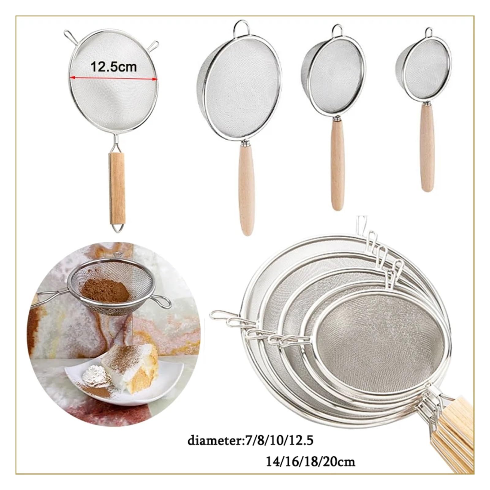 passoire inox 1/3 pièces de cuisine en acier cuisson tamis à farine filtre jus cuillère huile passoire mailles binaurales portative(Type4)