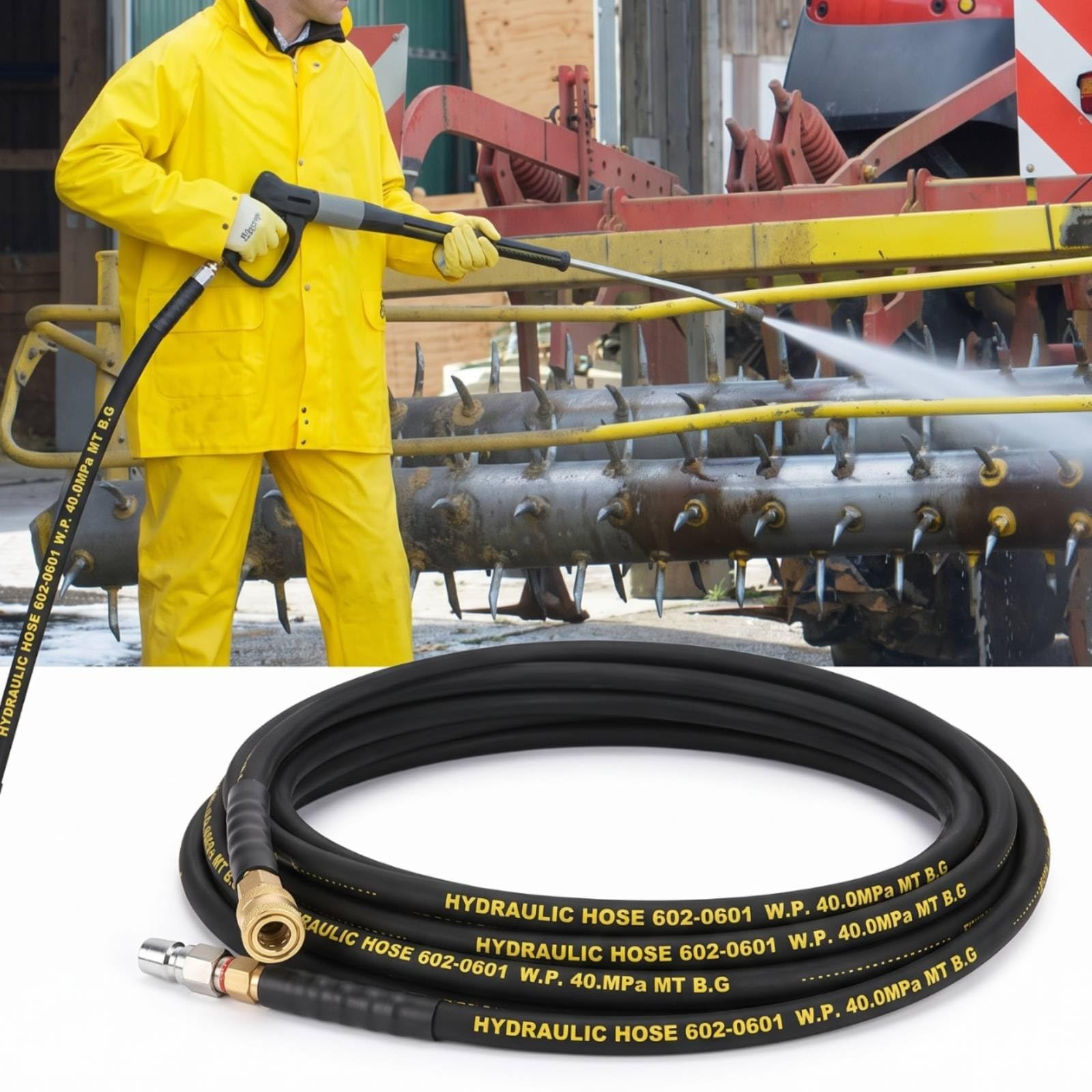 Tubo per Idropulitrice Alta Pressione con Raccordi a Innesto Rapido per Pulizia di Terrazze E Marciapiedi con Struttura a Spirale Antipiega in Gomma da Esterno