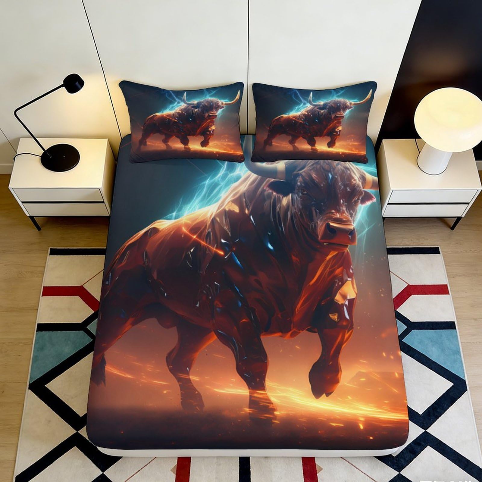 3D Printed Fiery Bull Fitted Sheet Microfiber Anti-Slip Mattress Cover for Bedroom Dorm Artistic Decor 90x200x25cm