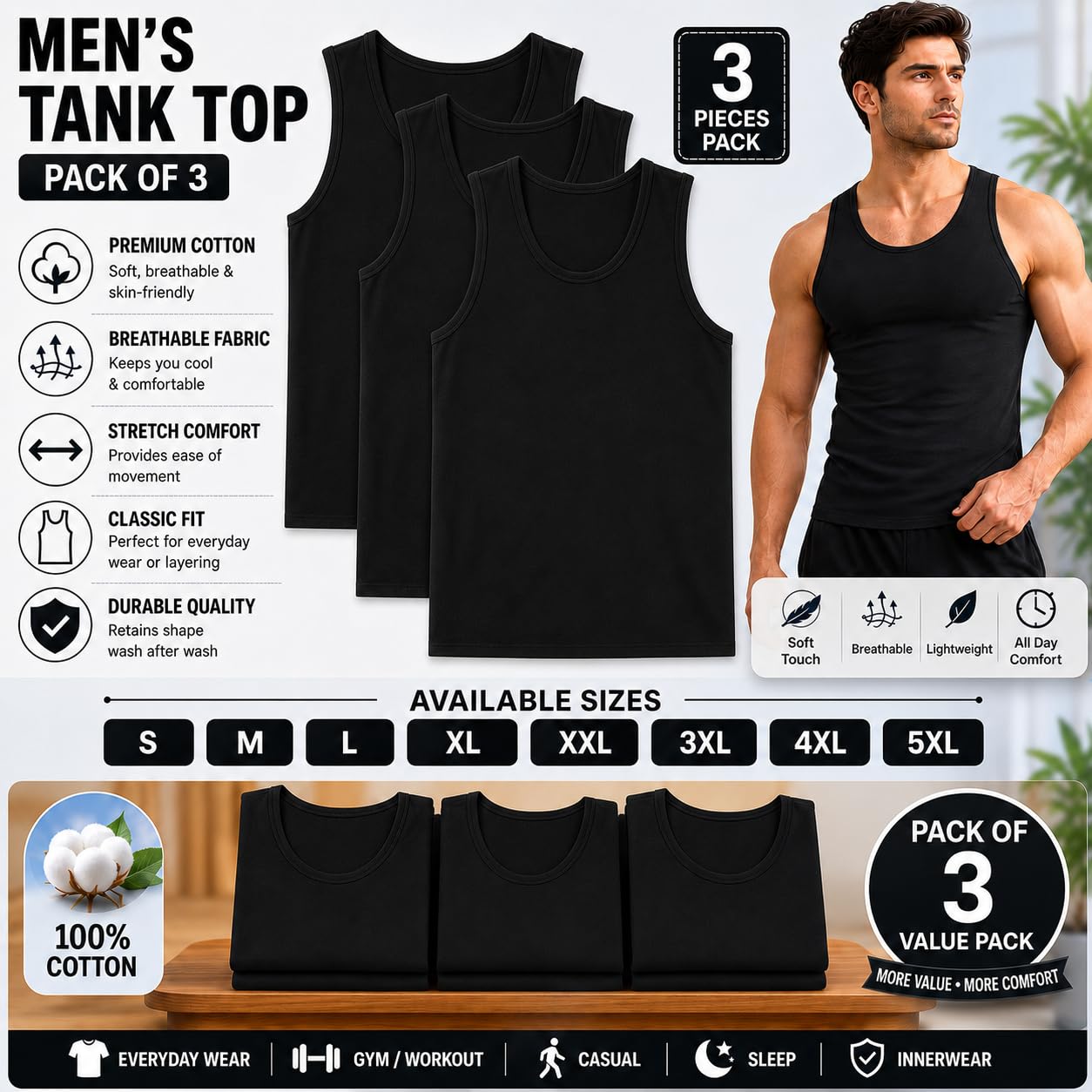 COSHAL Lot de 3 débardeurs d'été sans manches 100 % coton pour homme - Pour la gym, l'entraînement, le quotidien - Grande taille