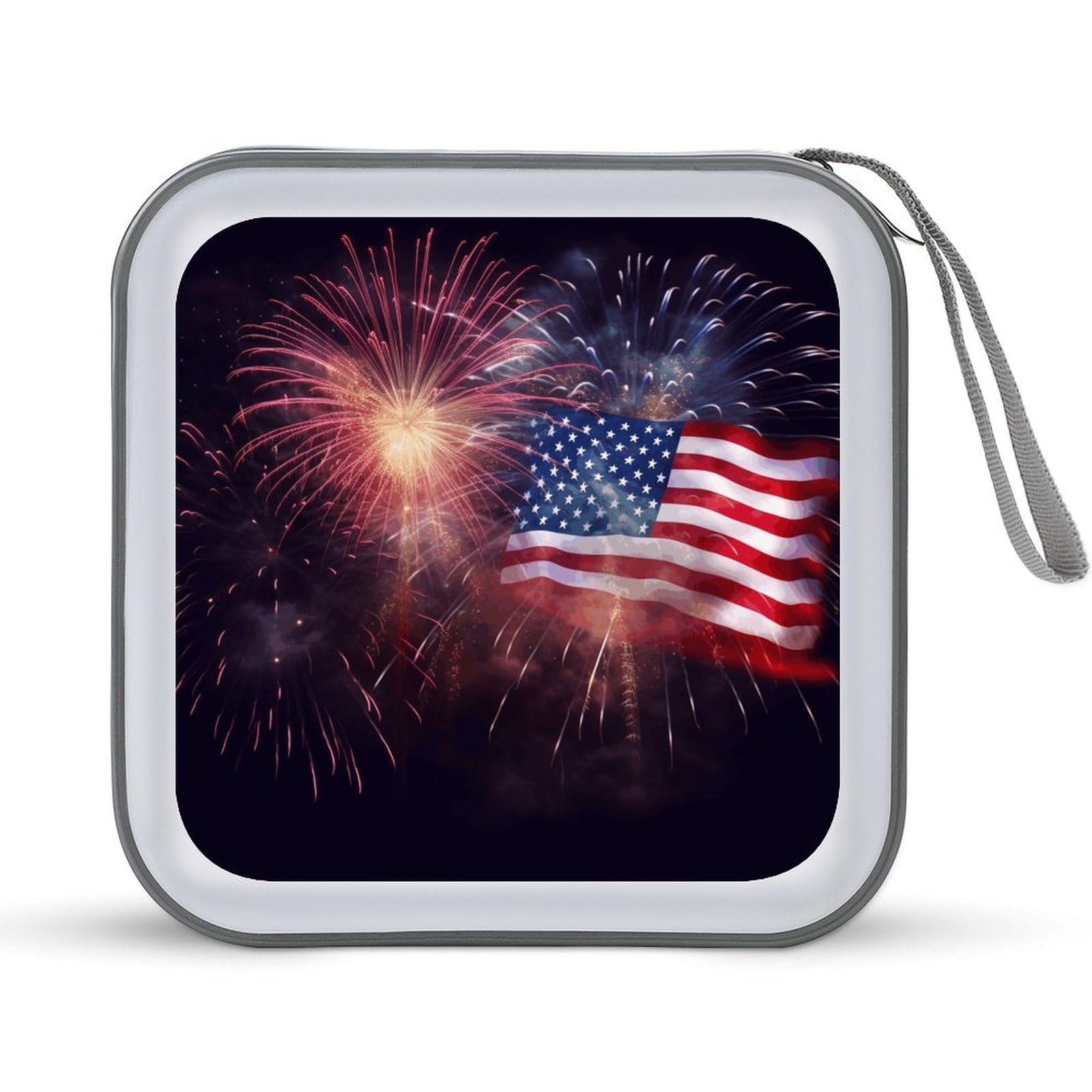 JTREHY 40 Sheets Capacity CD Case Storage Bag,Firework American Flag 4Th of July Printed Portable Zipper CD DVD Case Holder Large Capacity CD Wallet for Car, Home, Office, Games Disc, Audio Music