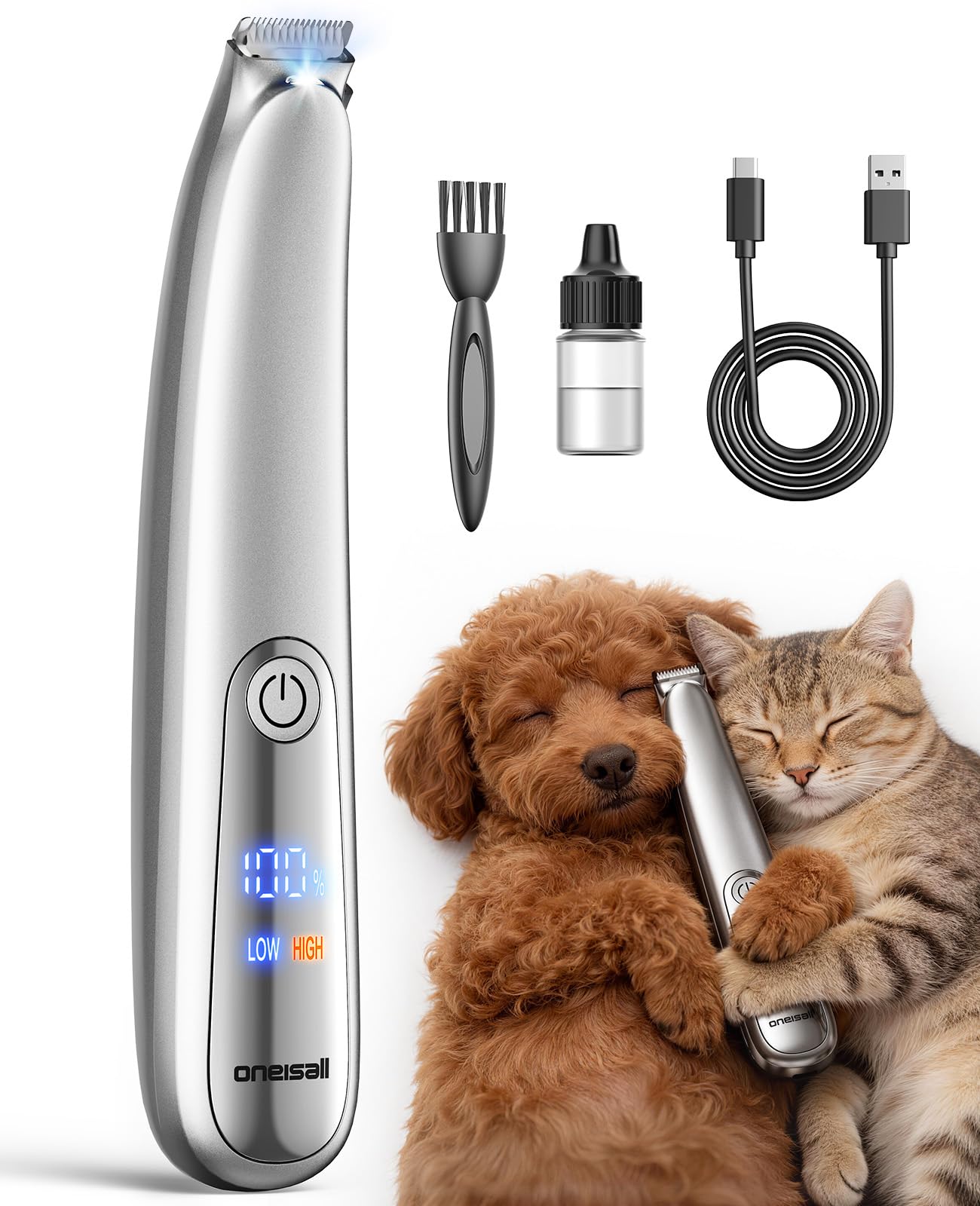 oneisall Pfotentrimmer für Hunde Extra Leise mit LED-Licht, Schermaschine Katze Hundepfoten Trimmer dr Pfoten Hund Katzen Rasierer Paw Trim Pro Dr. für Pfoten, Gesicht, Po, Ohren, Augen (Silber)