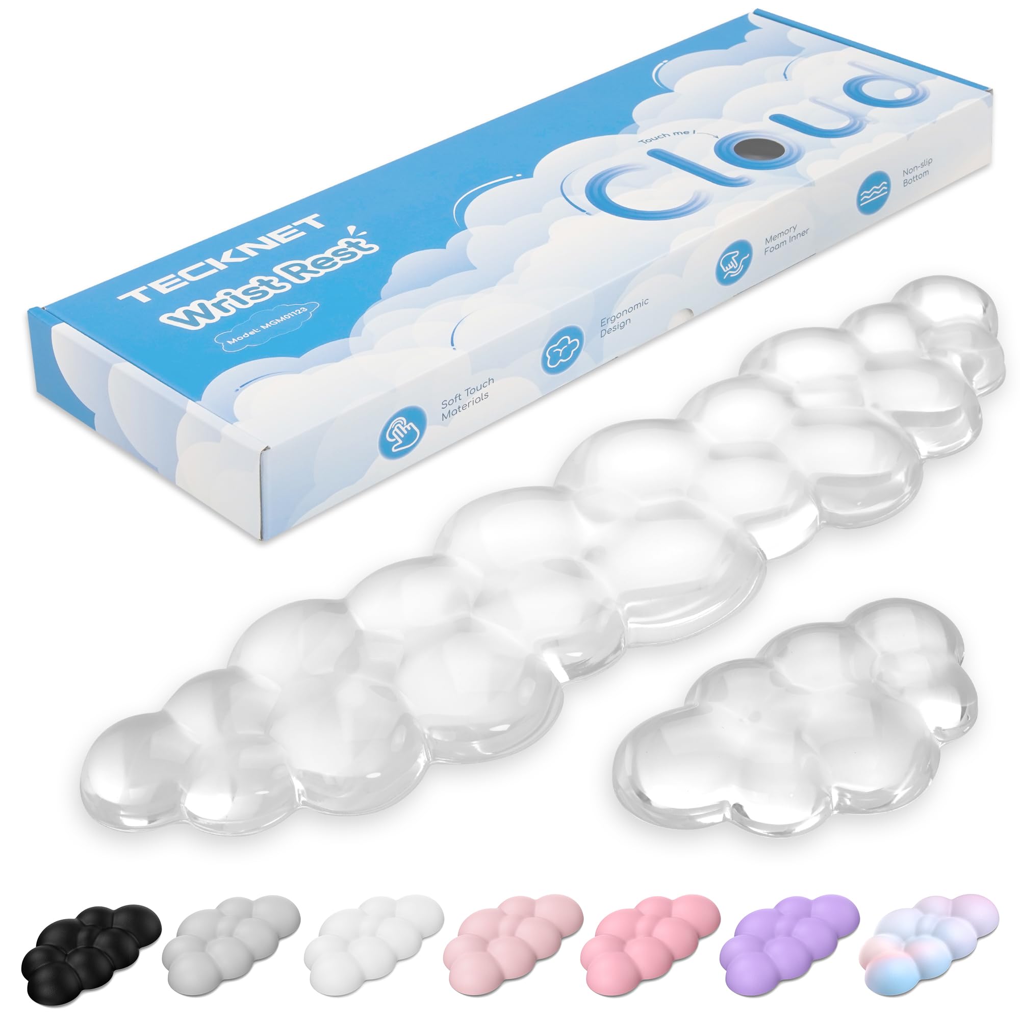 TECKNET Nuvola poggiapolsi con mouse e tastiera, ergonomico e rilassante, polso: memory foam con pelle PU contro la fatica, set di poggiapolsi 3 in 1, per ufficio, PC, gioco, computer, trasparente