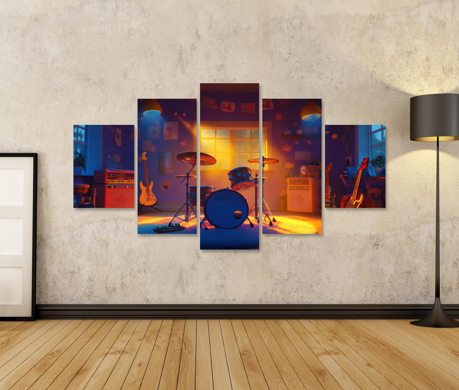 islandburner Prime Quadro su tela Studio musicale di notte con illuminazione e strumenti per sala musicale, amanti della musica, negozio di musica, immagini da parete poster