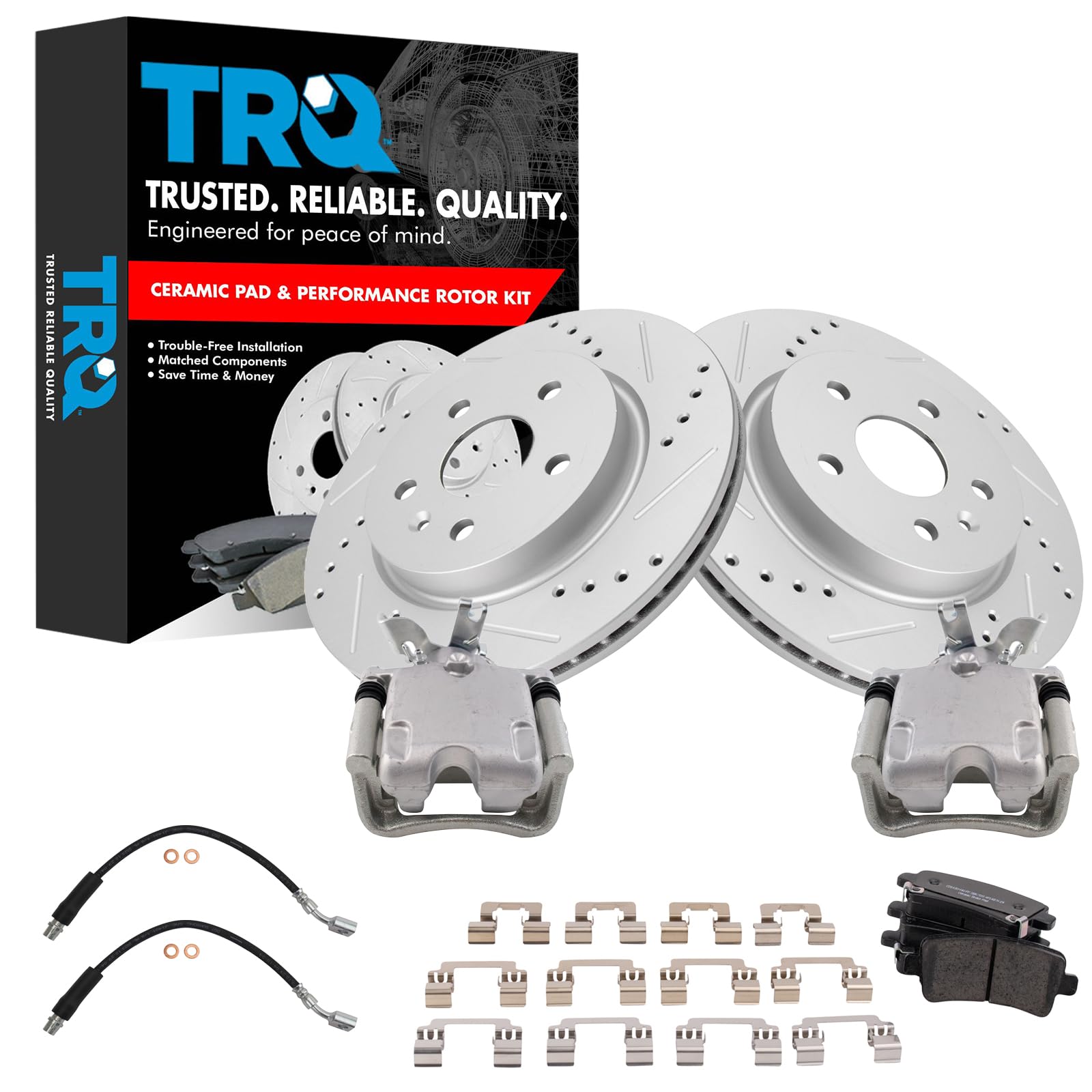 TRQ Performance Rear Brake Pad and Rotor Set Ceramic Slotted Drilled 315 mm Rotors Calipers Hoses Compatible with 2014-2015 Chevrolet Malibu
