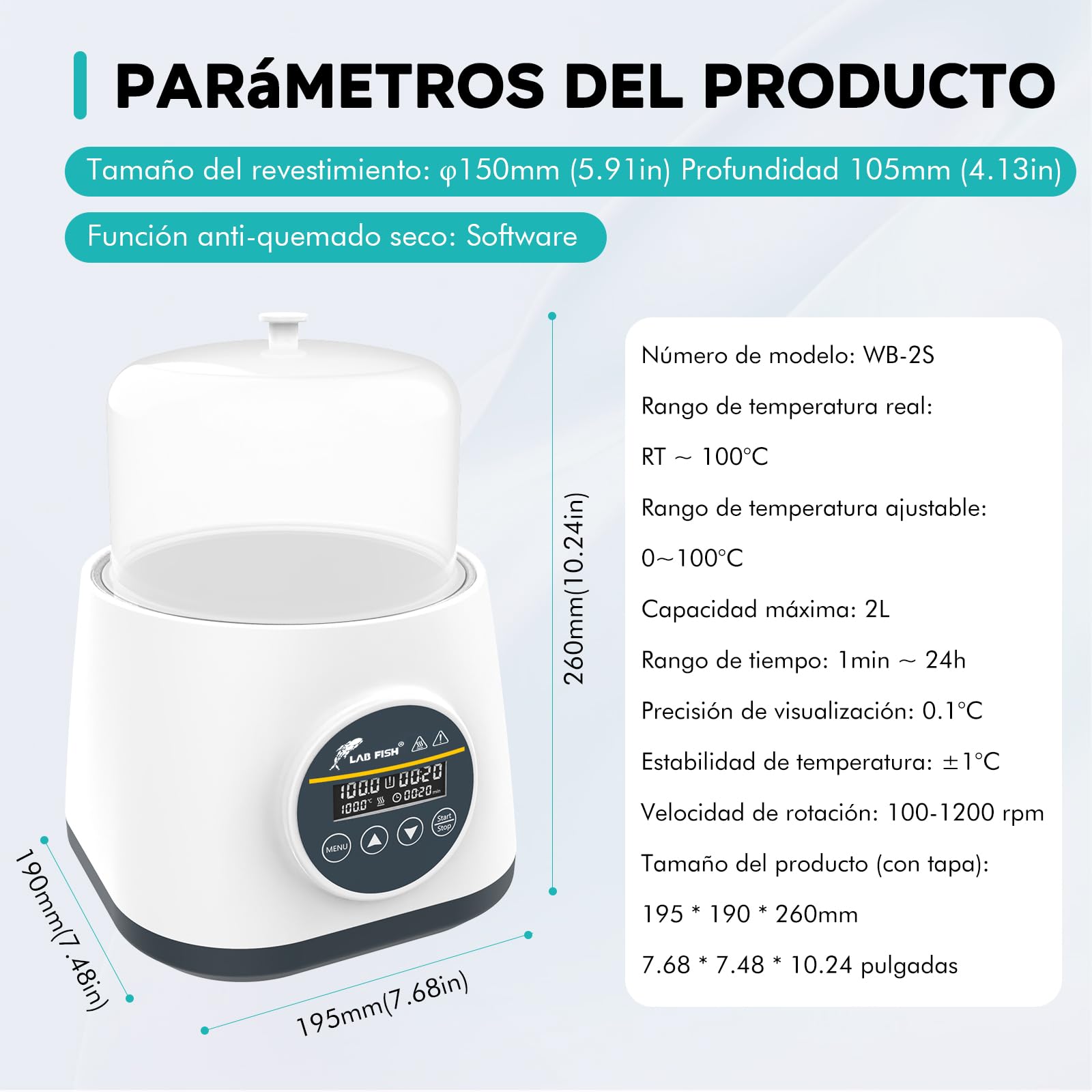 LAB FISH Baño María Laboratorio 2L, Calentamiento Preciso 100°C, Tanque de Acero Inox con Temporizador & Doble Protección Sequedad, Tapa Transparente