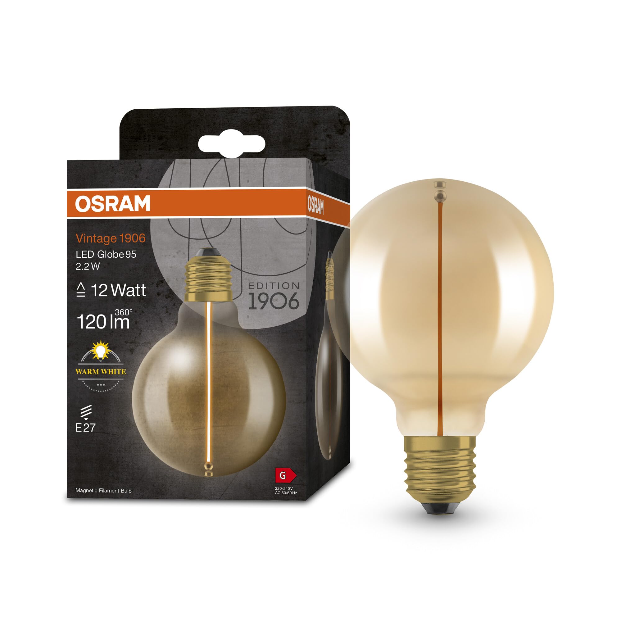 OSRAM Vintage 1906 Classic Globe95 Fil Led Lamp, E27, Spherical, Gold, 2.2W, 120Lm, 2700K, Warm White Light, Very Low Energy Consumption, Long Life, Magnetic Filament