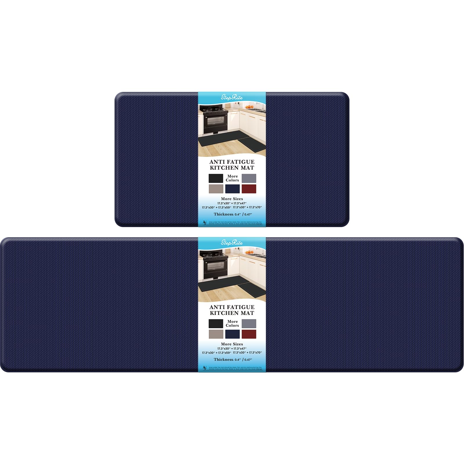 StepRite Kitchen Mats, 2PCS Kitchen Rugs, Cushioned Anti Fatigue Kitchen Mats for Floor, Non-Slip Standing Desk Mat, Waterproof Kitchen Rug Set for Kitchen, Floor, Office, 17.3"×30"+17.3"×59",Blue