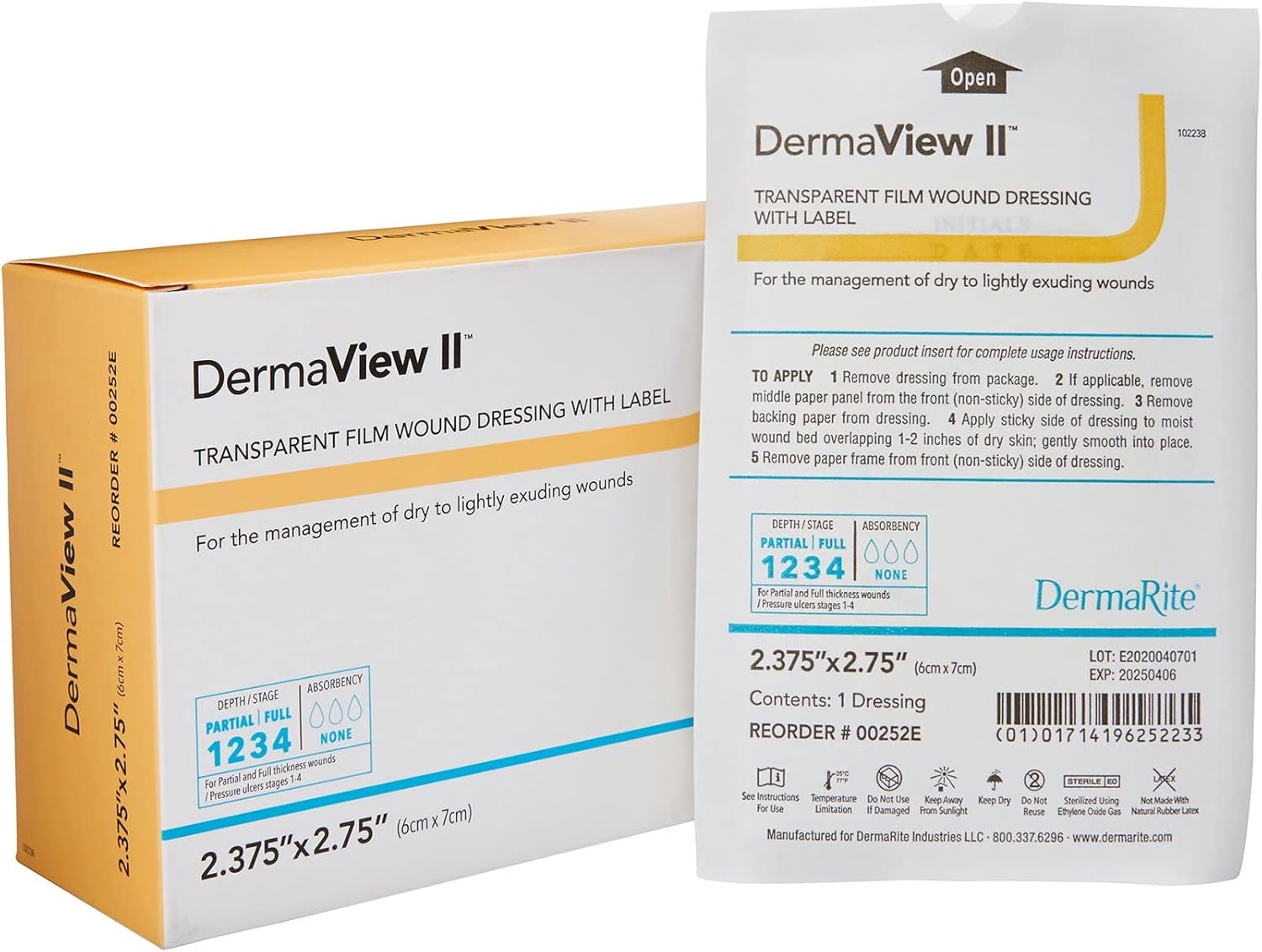DermaRite's DermaView II, Transparent Film Dressing with Border - Frame Style Delivery, Sterile, Individually Wrapped, 2-3/7 in. x 2.75 in., 1 Count, 100 Packs, 100 Total